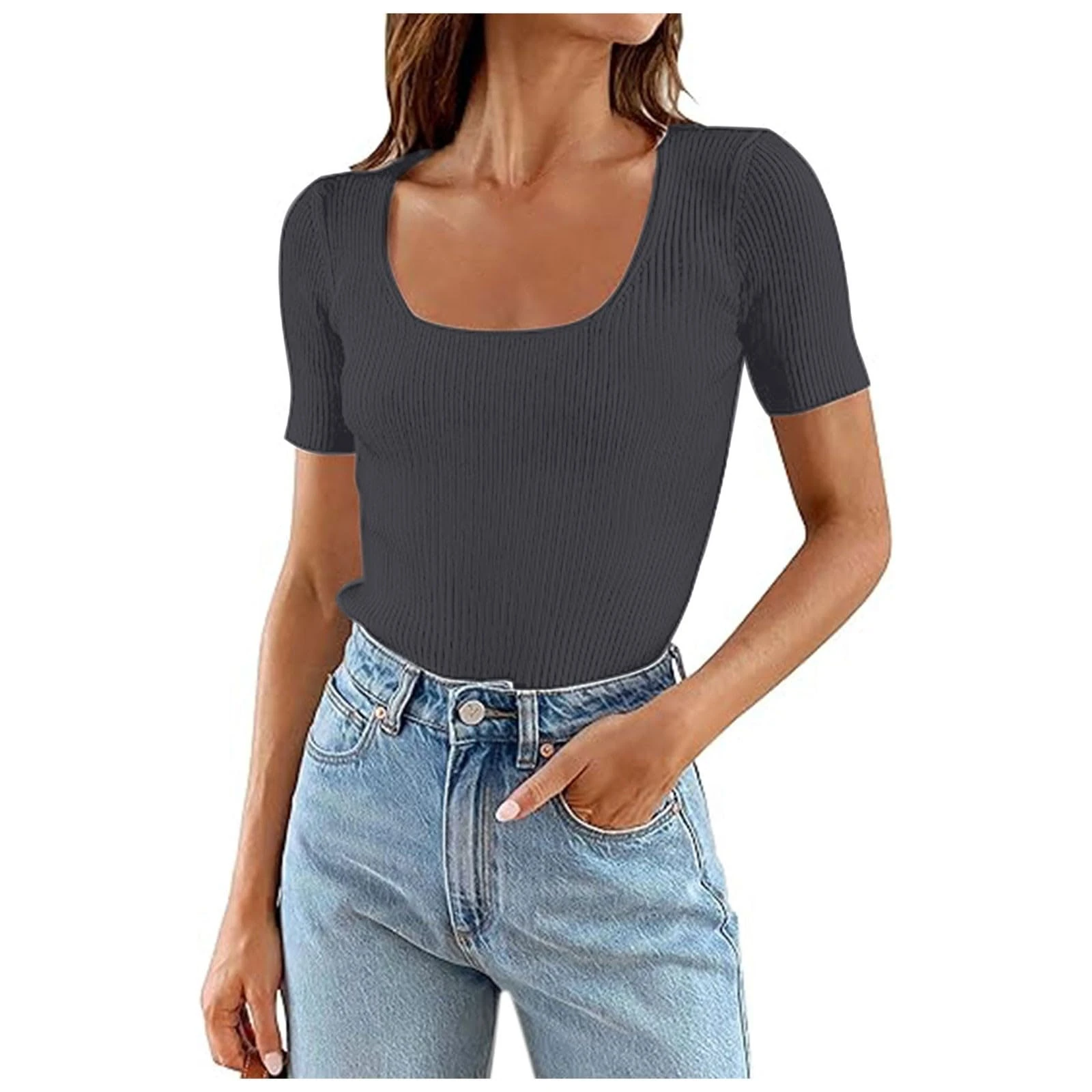 PAIDAXING Knit Tops for Women UK Casual Scoop Neck Short Sleeve Ribbrn Crop Tops Slim Fit Solid Color Basic Tees Ladies Summer Trendy Tight Blouse T Shirts Dark Gray
