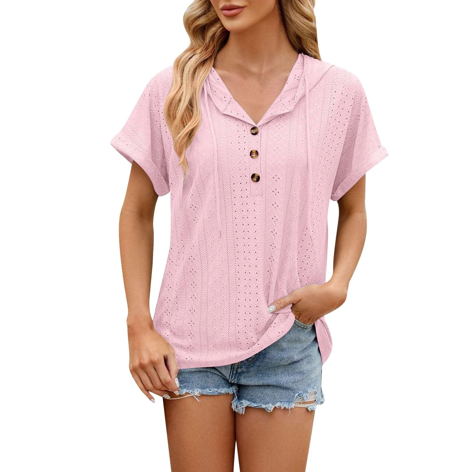 Blouses for Women UK V Neck Hollow Out Lace Embroidered Hooded Tops Solid Color Button Down Dressy Shirts Chic Buttons Cuffs Ladies Summer Tees