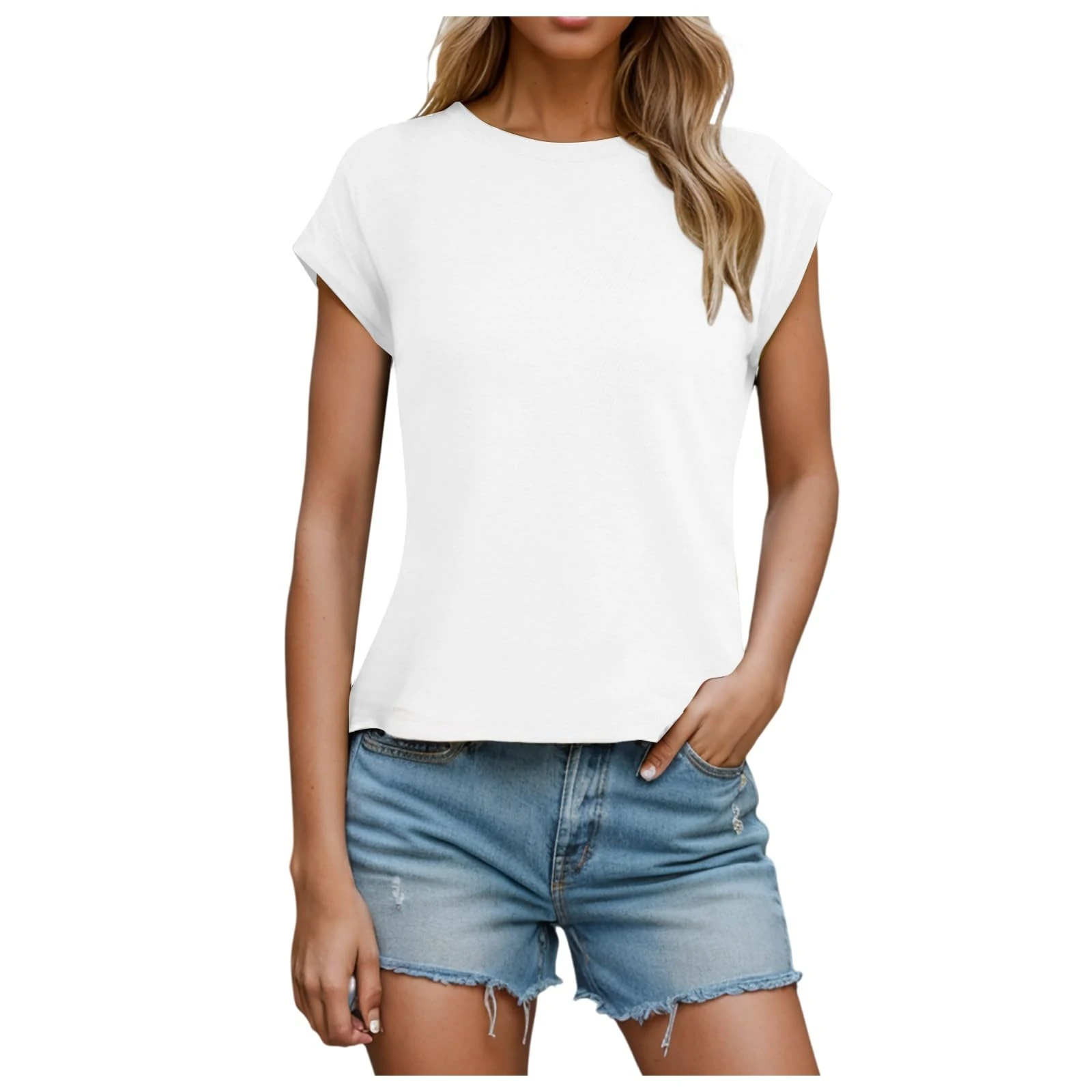 Tops for Women UK Casual Solid Color Crew Neck Cap Sleeve Summer T Shirts Basic Regular Fit Tunic Tee Blouses Ladies Comfy Soft Going Tops 2025 White