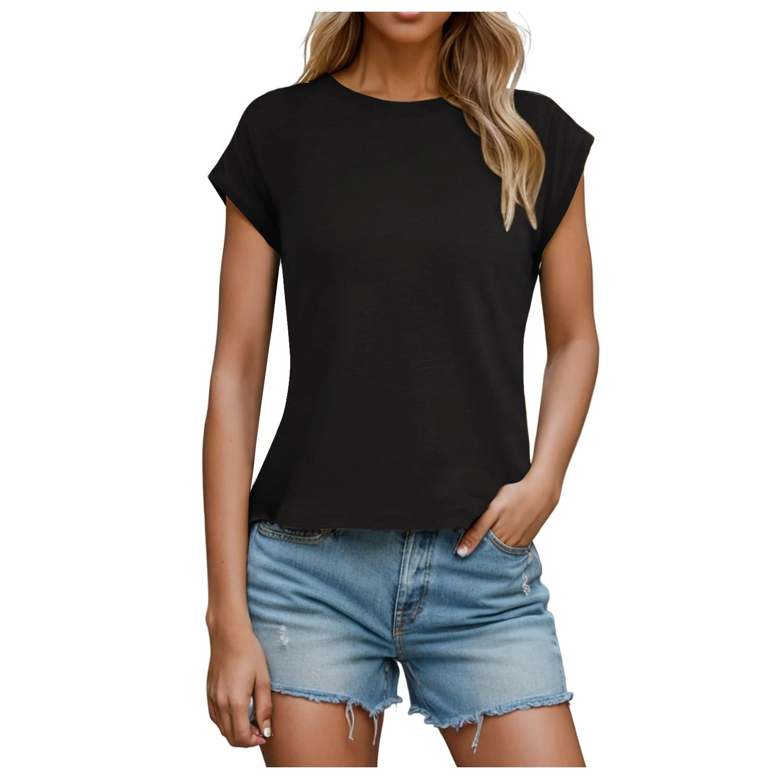 Tops for Women UK Casual Solid Color Crew Neck Cap Sleeve Summer T Shirts Basic Regular Fit Tunic Tee Blouses Ladies Comfy Soft Going Tops 2025 Black