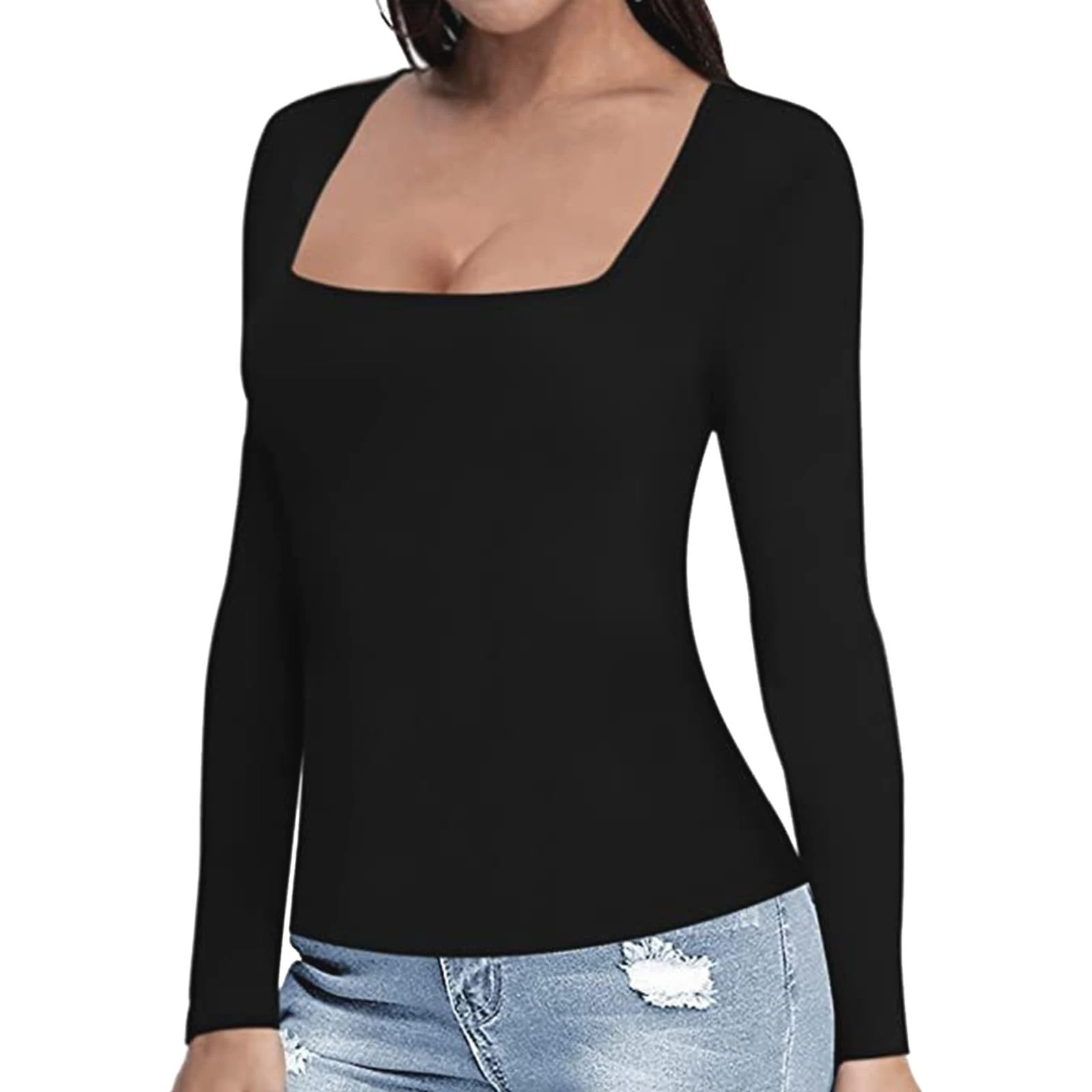 Womens Fashion Square Neck Long Sleeve Fitted Crop Tops Summer Csual Solid Color Basic Tee Blouses Ladies Comfy Soft Tigt Undershirt Streetwear Black