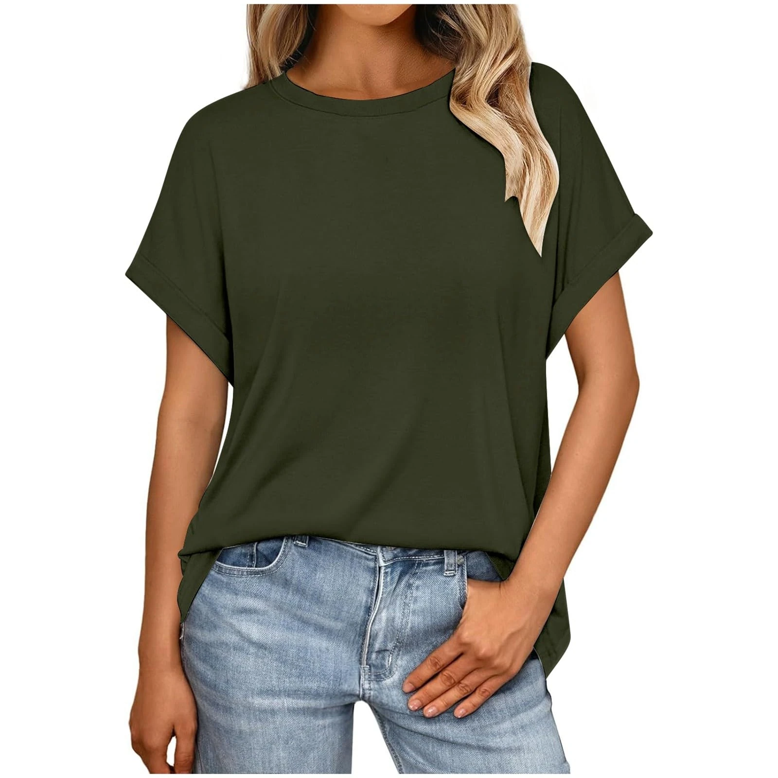 Women's Basic Oversized Tshirts Casual Crew Neck Short Sleeve Tunic Summer Cotton Tops Ladies Fashion Loose Fit Solid Color Tee Blouse T Shirts Green