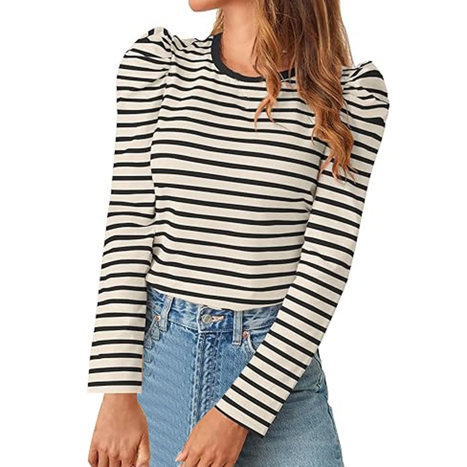 Striped Tops for Women UK Fashion Fitted Puff Long Sleeve Round Neck Tee Blouse Ladies Summer Spring Casual Stripes Tunic Tops Undershirts Beige