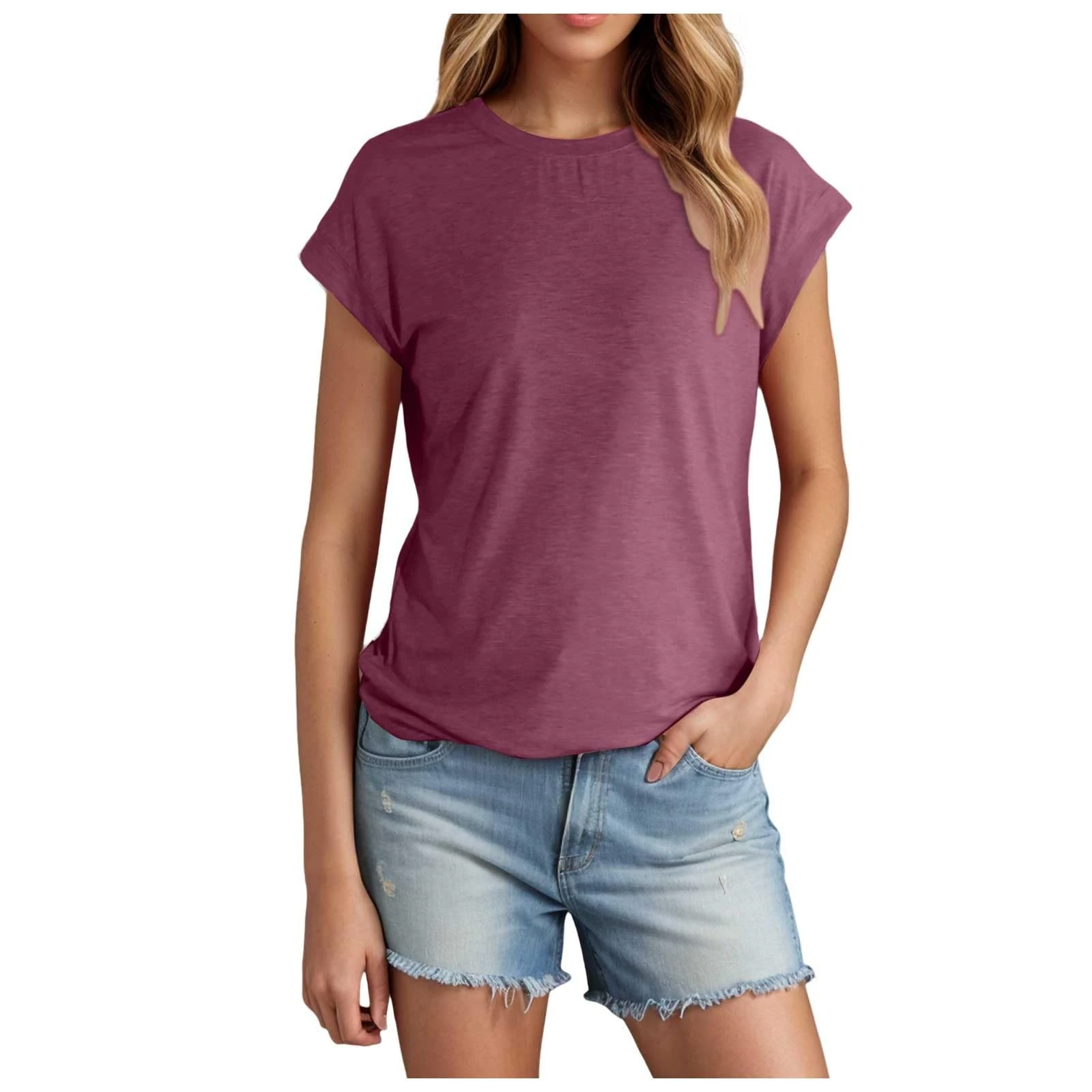 PAIDAXING Women's Trendy Summer Cotton T Shirts Crew Neck Short Sleeve Tunic Blouse Tops Ladies Summer Solid Color Casual Loose Basic Tee Shirts 2025 Dark Purple