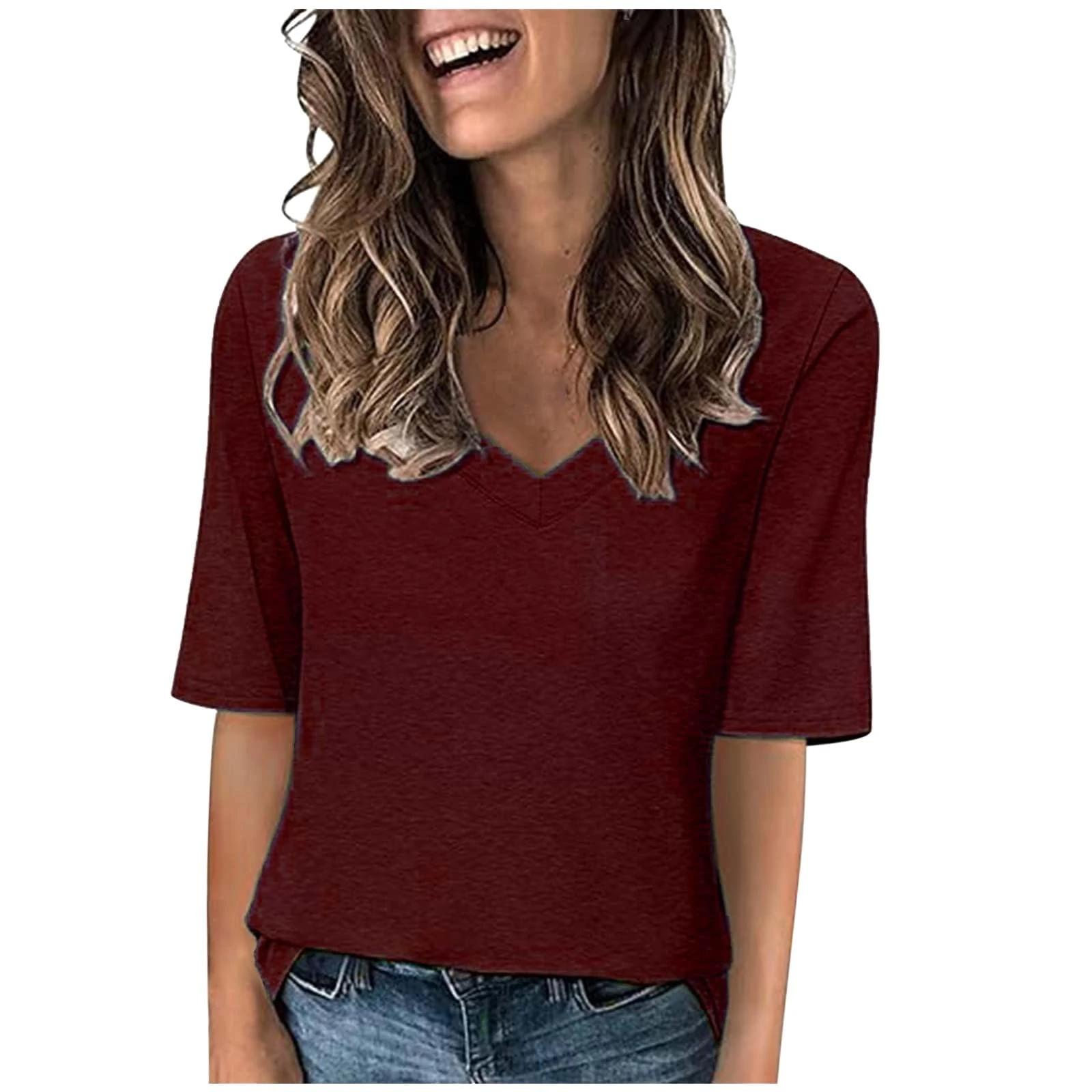 Summer Tops for Women UK Casual V Neck Half Sleeve Solid Color T Shirts Regular Fit Tee Blouses Ladies Loose Comfy Tunic Tops Shirts 2025