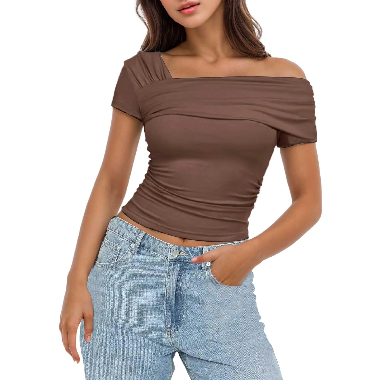 Women's One Off Shoulder Short Sleeve/Sleeveless Going Out Tops Ruched Slim Fit Y2K Grunge T Shirt Solid Color Basic Summer Tees Fashion Streetwear Brown