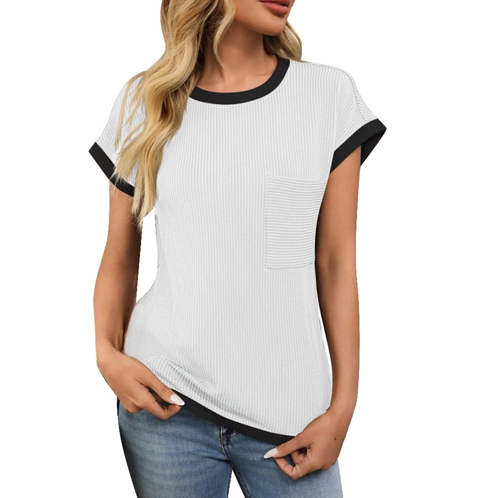 Womens Ribben Knit Short Sleeve Tops Ladies Summer Comfy Soft Crew Neck Pullover Tees Color Block Basic Fitted T Shirts Blouse Sports Running Activewear White