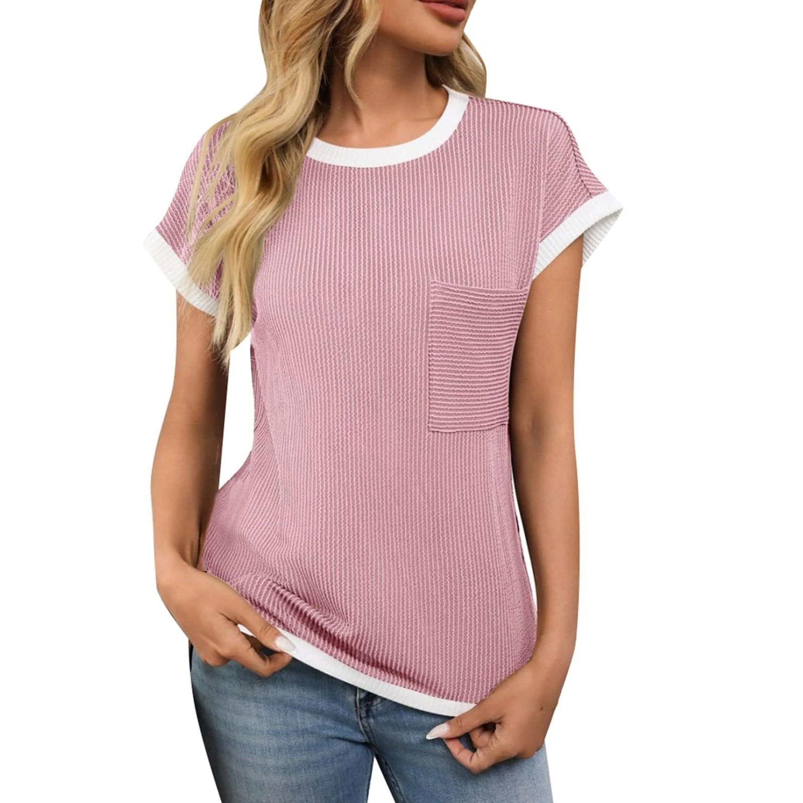 Women's Ribben Knit T Shirts Summer Casual Short Sleeve Crew Neck Basic Tee Comfy Soft Ladies Blouse Tops Pullover Block Color Shirts Pink