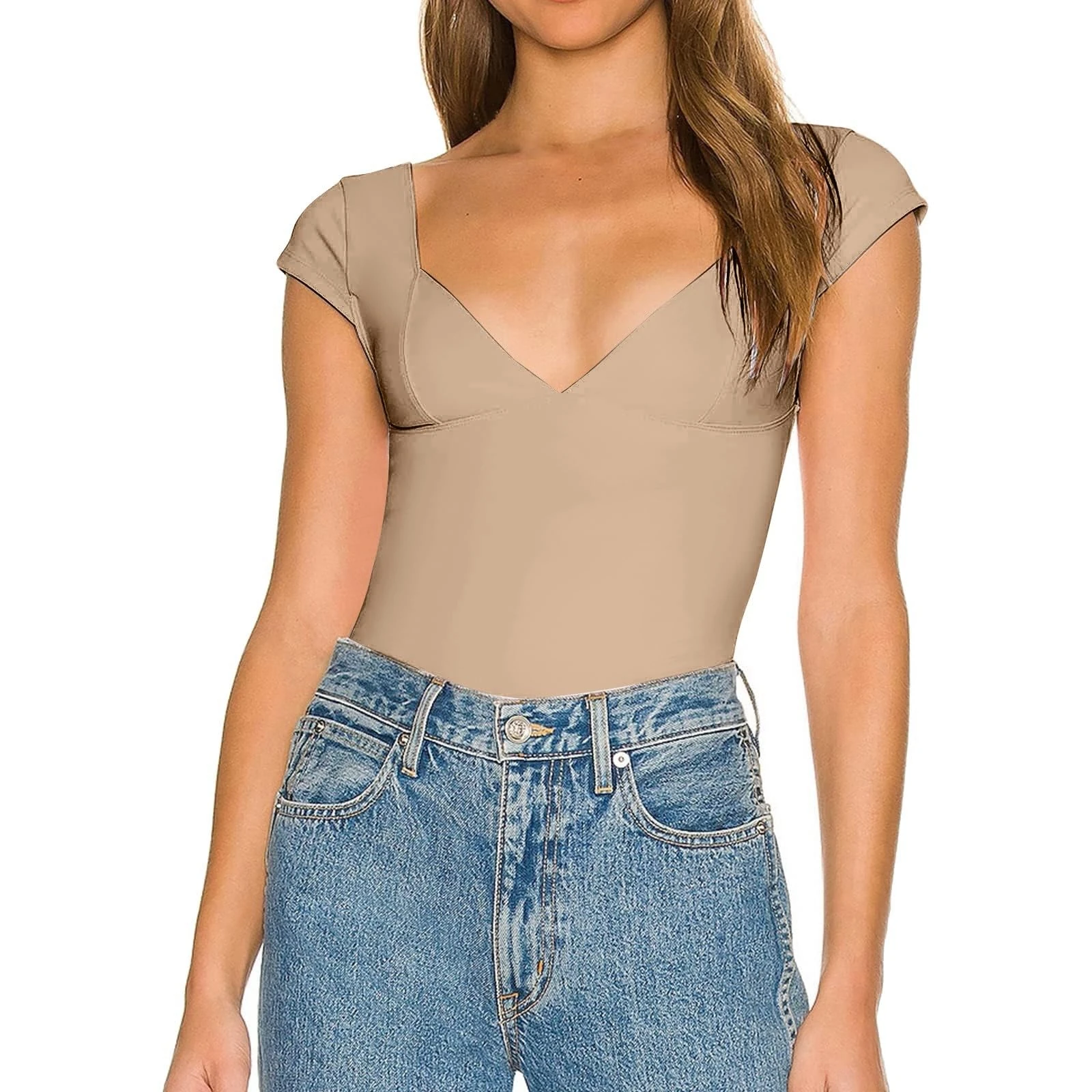 PAIDAXING Tops for Women UK Deep V Neck Short Sleeve Sexy Slim Fitted Crop Tops Casual Summer Basic Tees Skinny Pullover T Shirts Ladies Trendy Streetwear Soft Going Tops Khaki