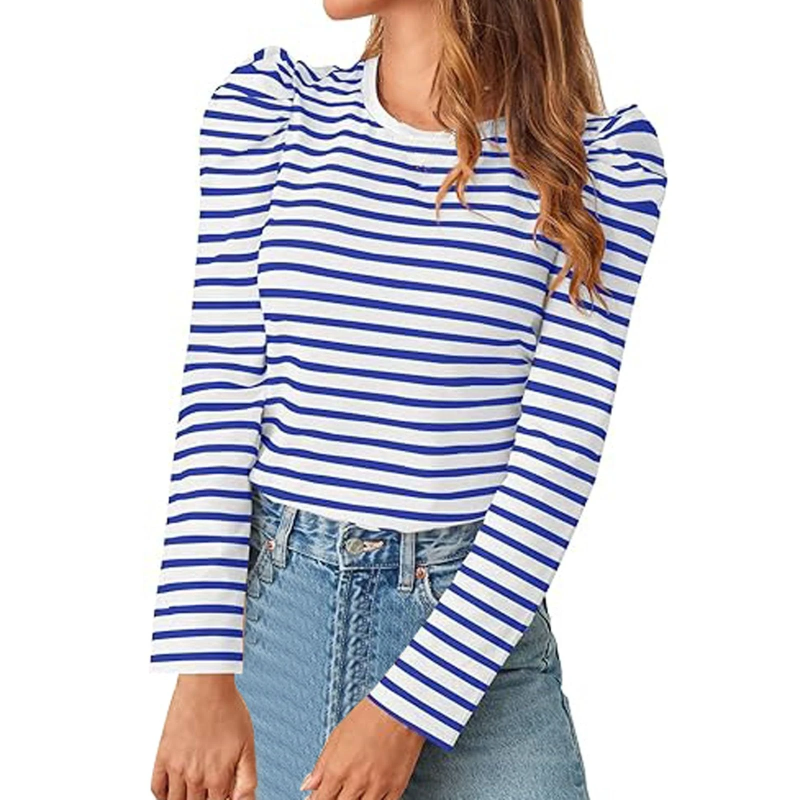 Striped Tops for Women UK Fashion Fitted Puff Long Sleeve Round Neck Tee Blouse Ladies Summer Spring Casual Stripes Tunic Tops Undershirts Blue