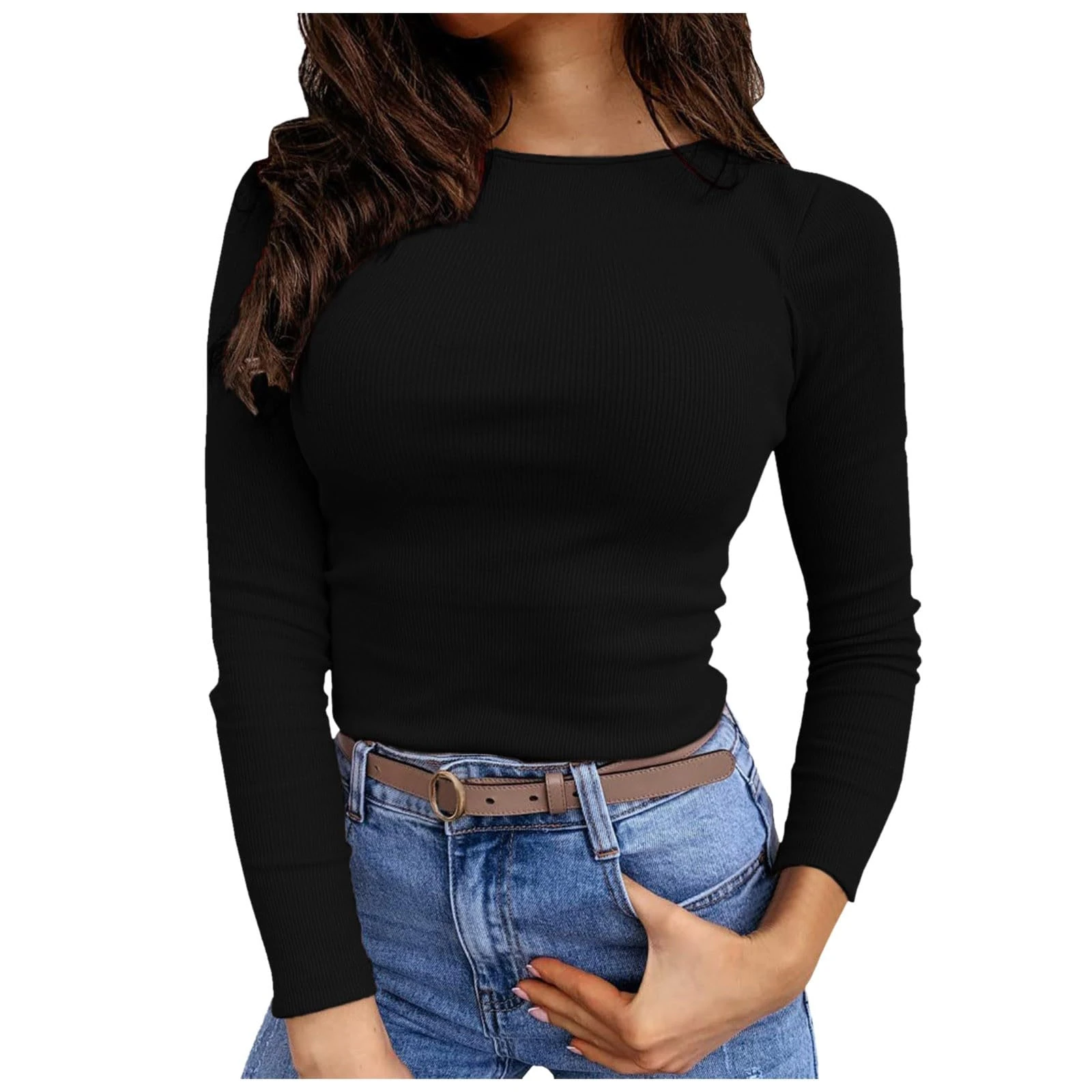 Women's Long Sleeve Ribbed Knit Fitted Crop Tops Basic Solid Color Tees Casual Ladies Crew Neck Slim Summer T Shirts Streetwear