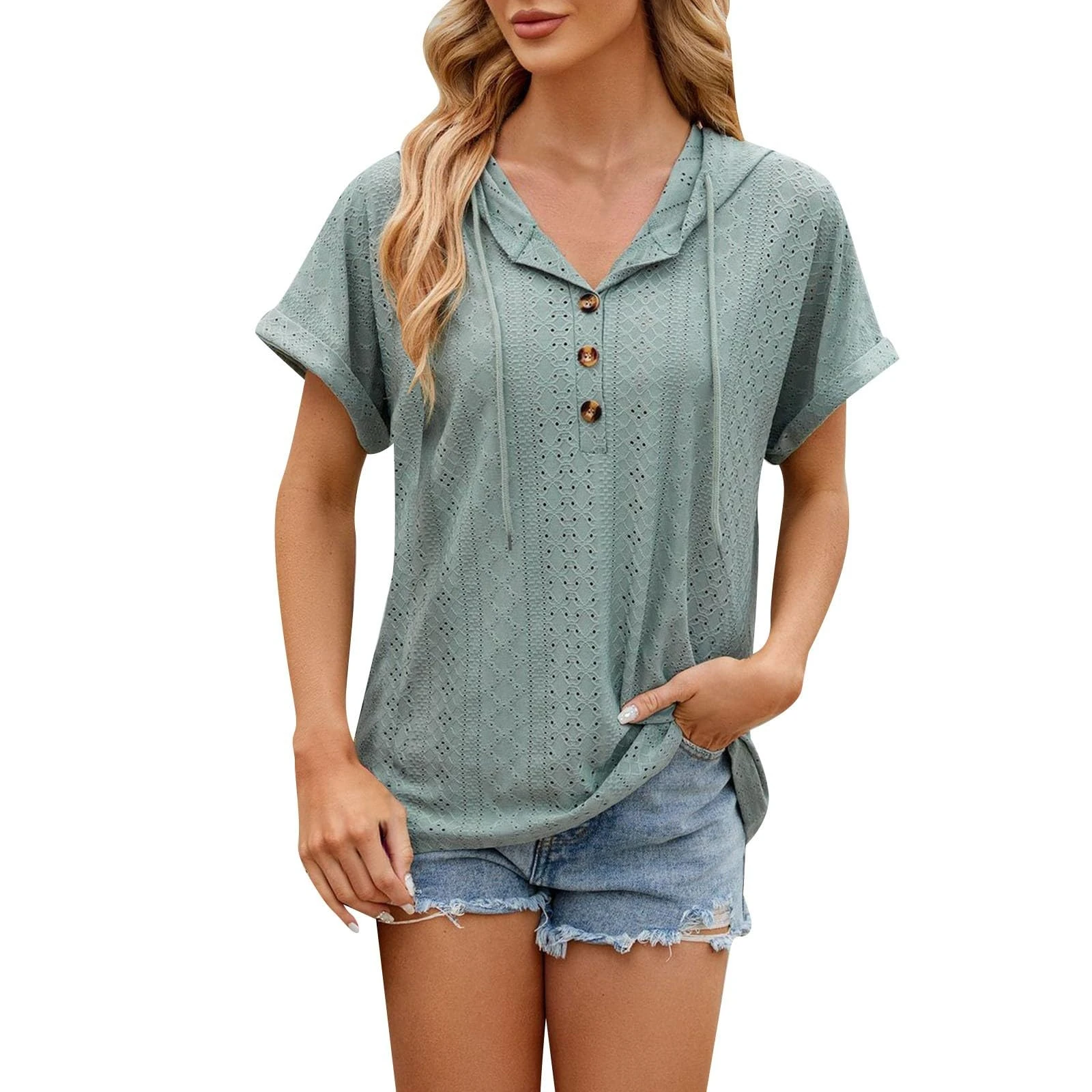 Blouses for Women UK V Neck Hollow Out Lace Embroidered Hooded Tops Solid Color Button Down Dressy Shirts Chic Buttons Cuffs Ladies Summer Tees