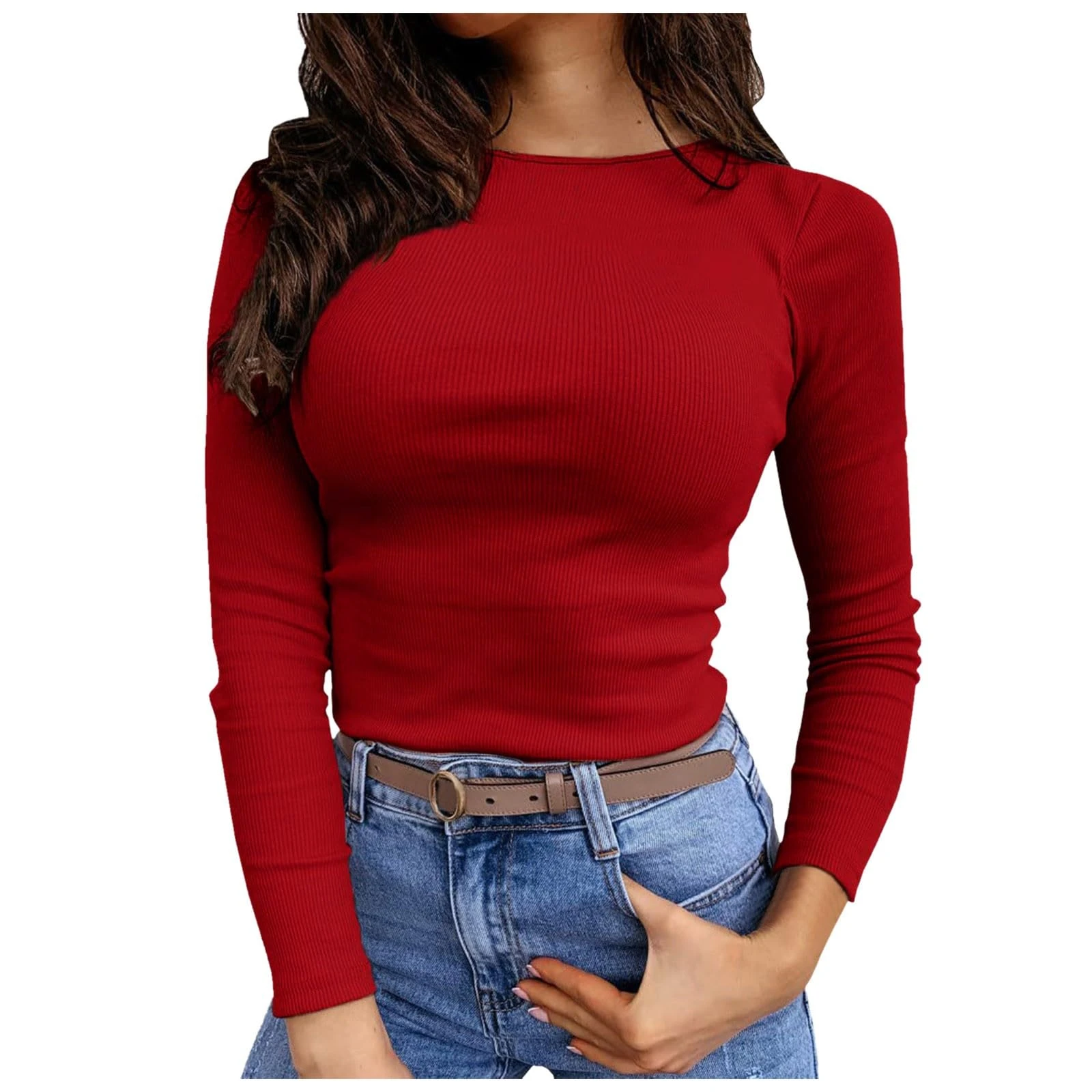 Women's Long Sleeve Ribbed Knit Fitted Crop Tops Basic Solid Color Tees Casual Ladies Crew Neck Slim Summer T Shirts Streetwear