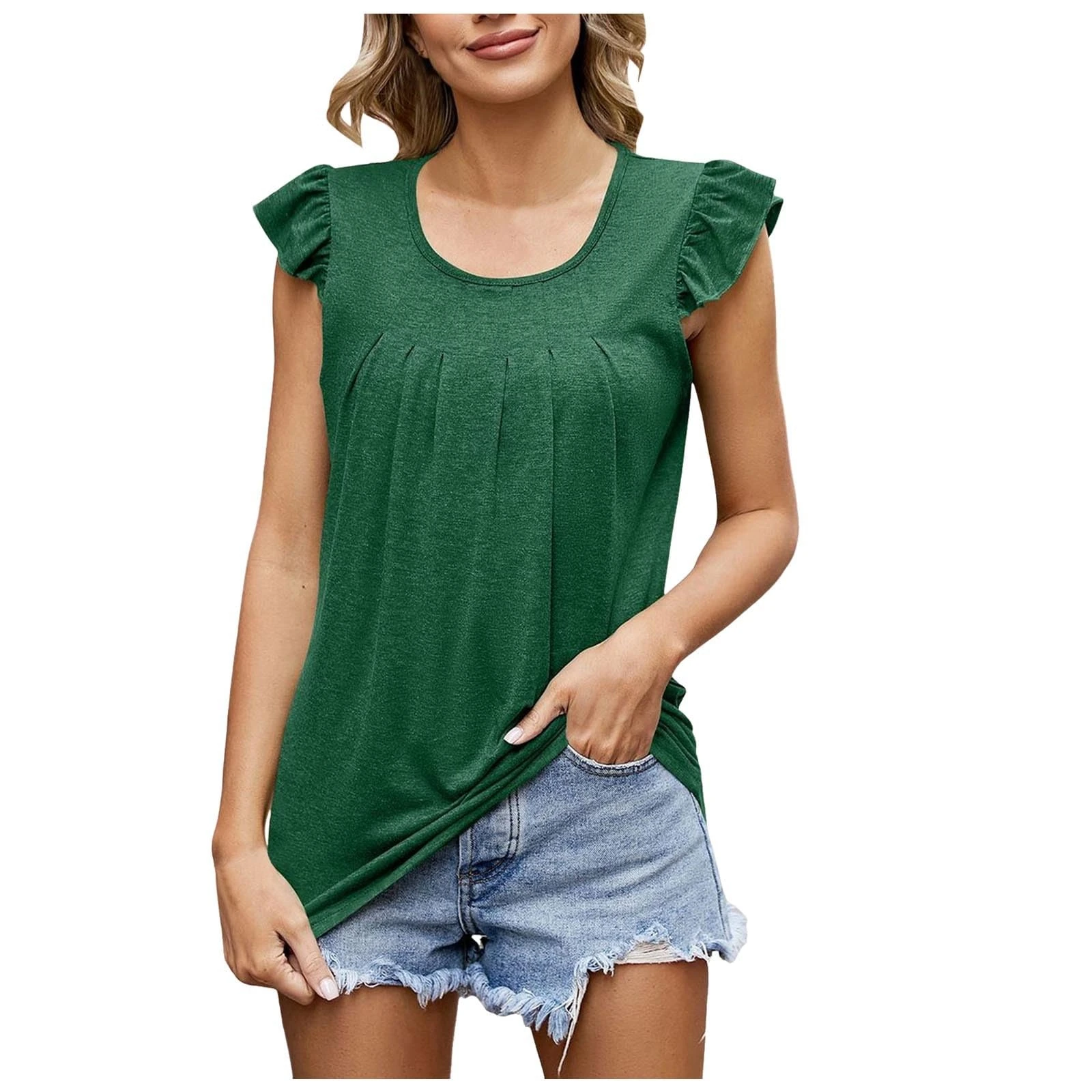 Blouses for Women UK Ruffle Cap Sleeve Scoop Neck Dressy Shirts Loose Fit Solid Color Tunic Tosp Ladies Summer Casual Tees Beach Holiday Clothes Green