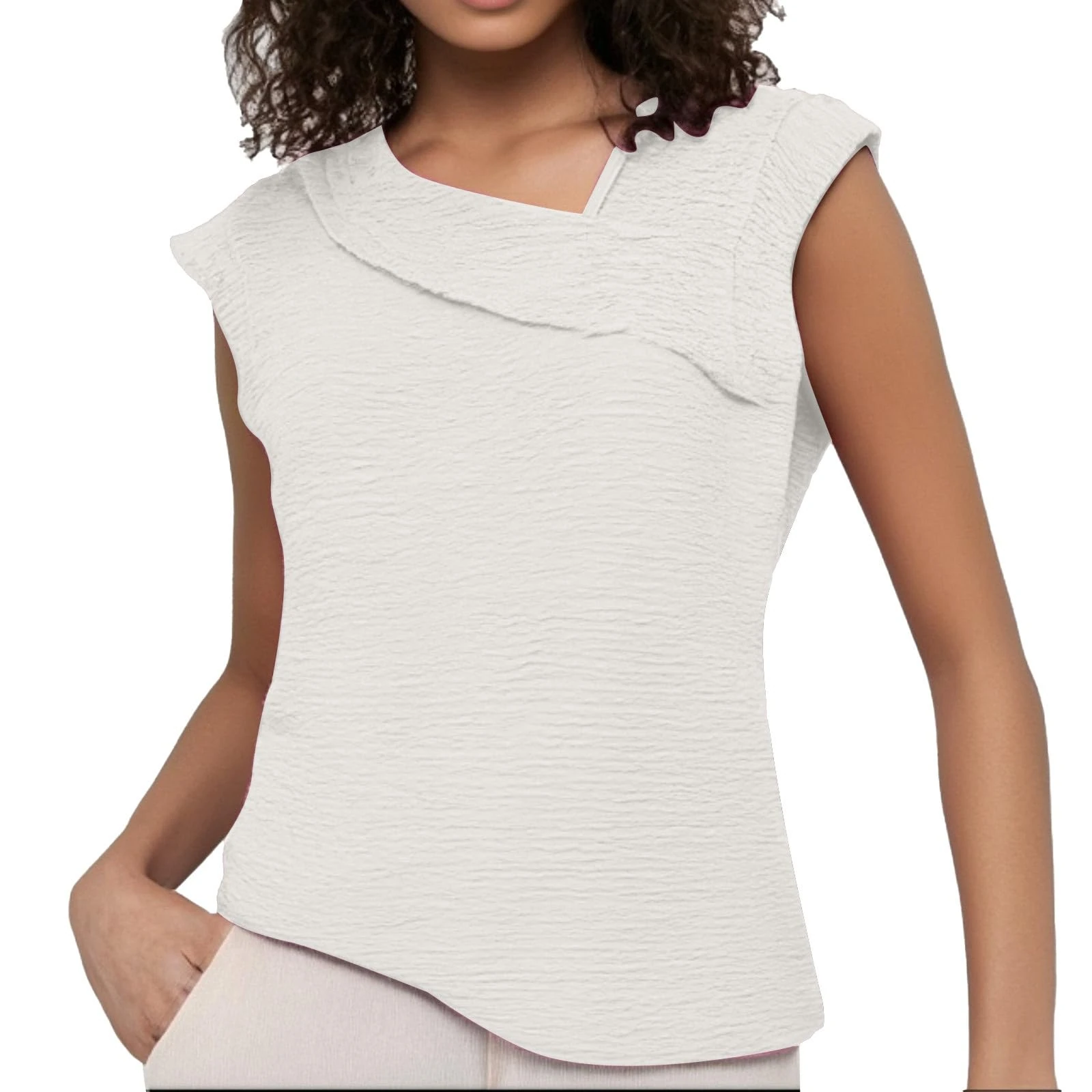 Women's Irregular Neckline Cap Sleeve Tunic Tops Solid Color Texture Dressy Tee Shirts Ladies Summer Fashion Work Office Blouse Shirt Casual Clothes White