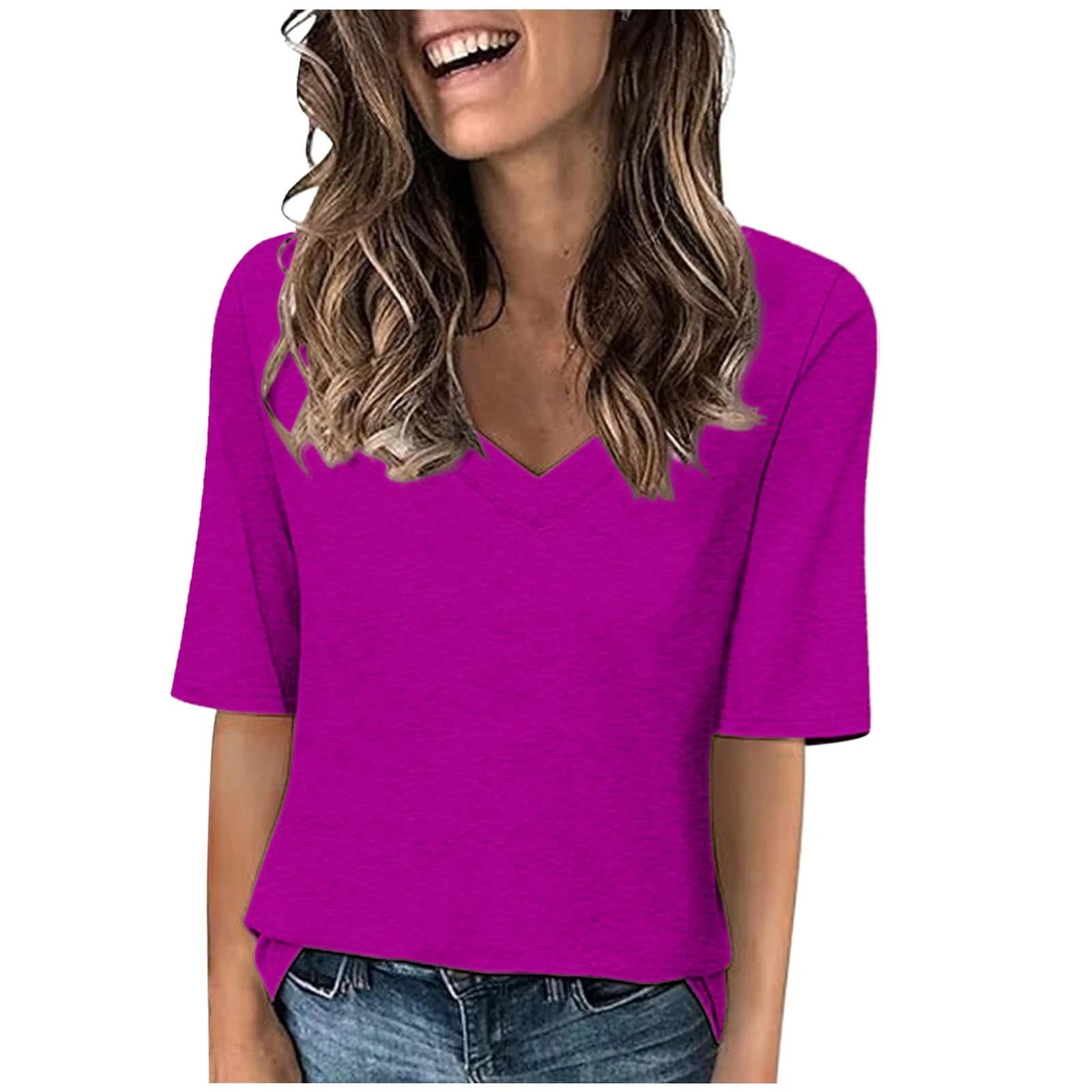 Summer Tops for Women UK Casual V Neck Half Sleeve Solid Color T Shirts Regular Fit Tee Blouses Ladies Loose Comfy Tunic Tops Shirts 2025