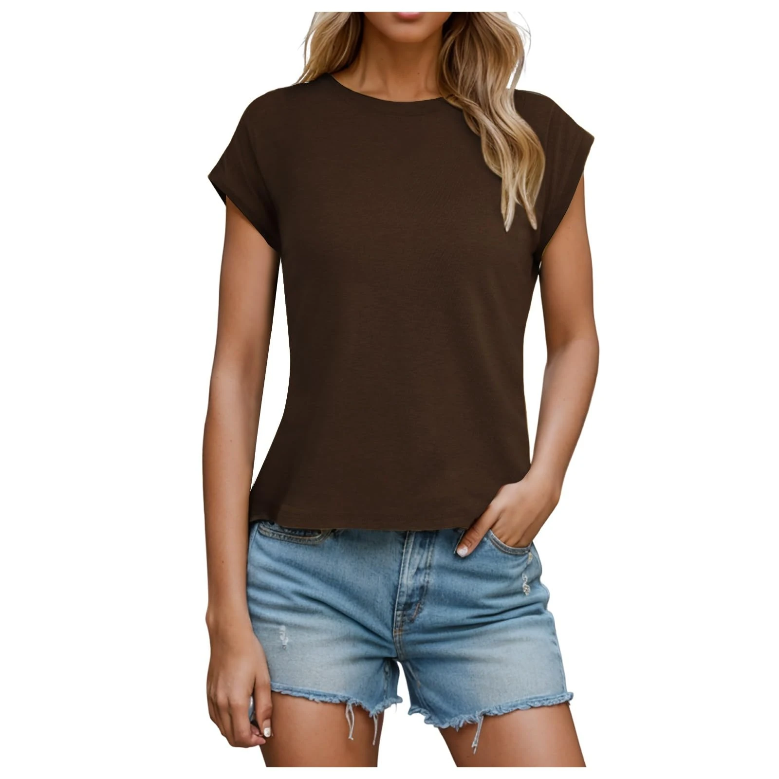 Tops for Women UK Casual Solid Color Crew Neck Cap Sleeve Summer T Shirts Basic Regular Fit Tunic Tee Blouses Ladies Comfy Soft Going Tops 2025 Coffee