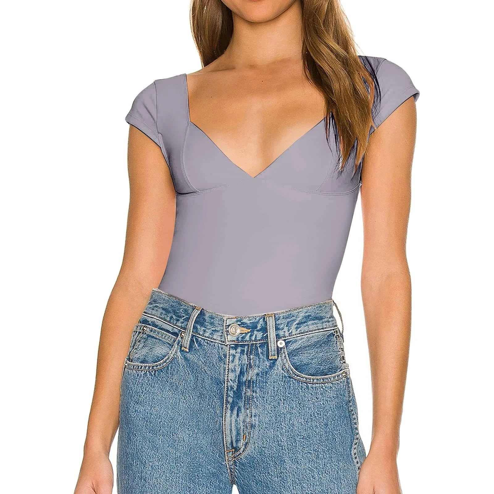 PAIDAXING Tops for Women UK Deep V Neck Short Sleeve Sexy Slim Fitted Crop Tops Casual Summer Basic Tees Skinny Pullover T Shirts Ladies Trendy Streetwear Soft Going Tops Grey