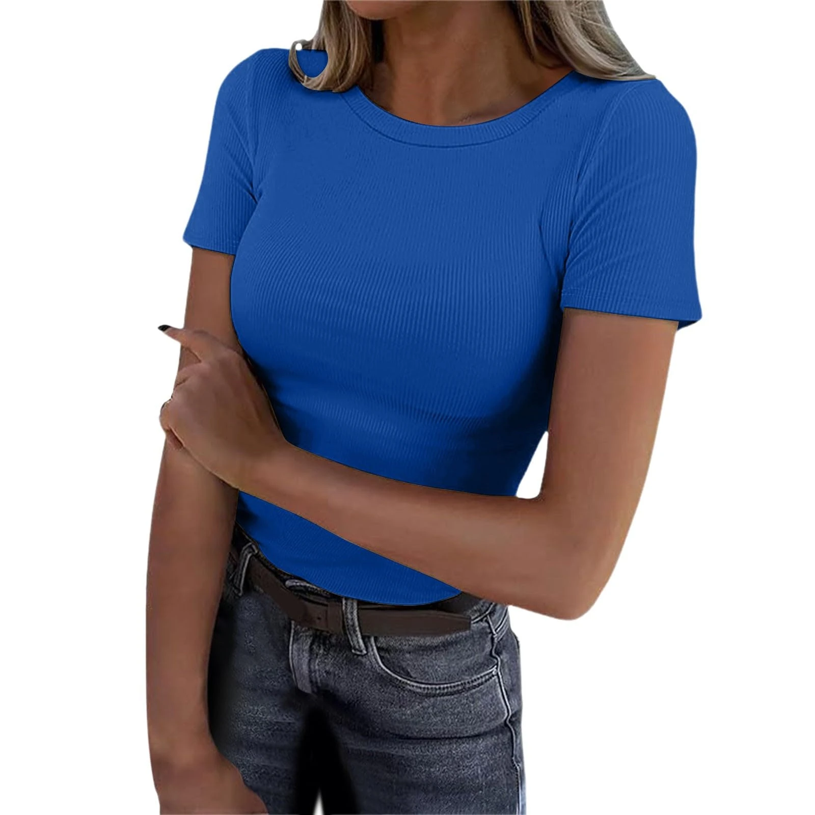 Women's Short Sleeve Ribbed Tops Summer Crew Neck Slim Fit Basic Solid Color Tees Ladies Casual Crooped Going Out Tops T Shirts