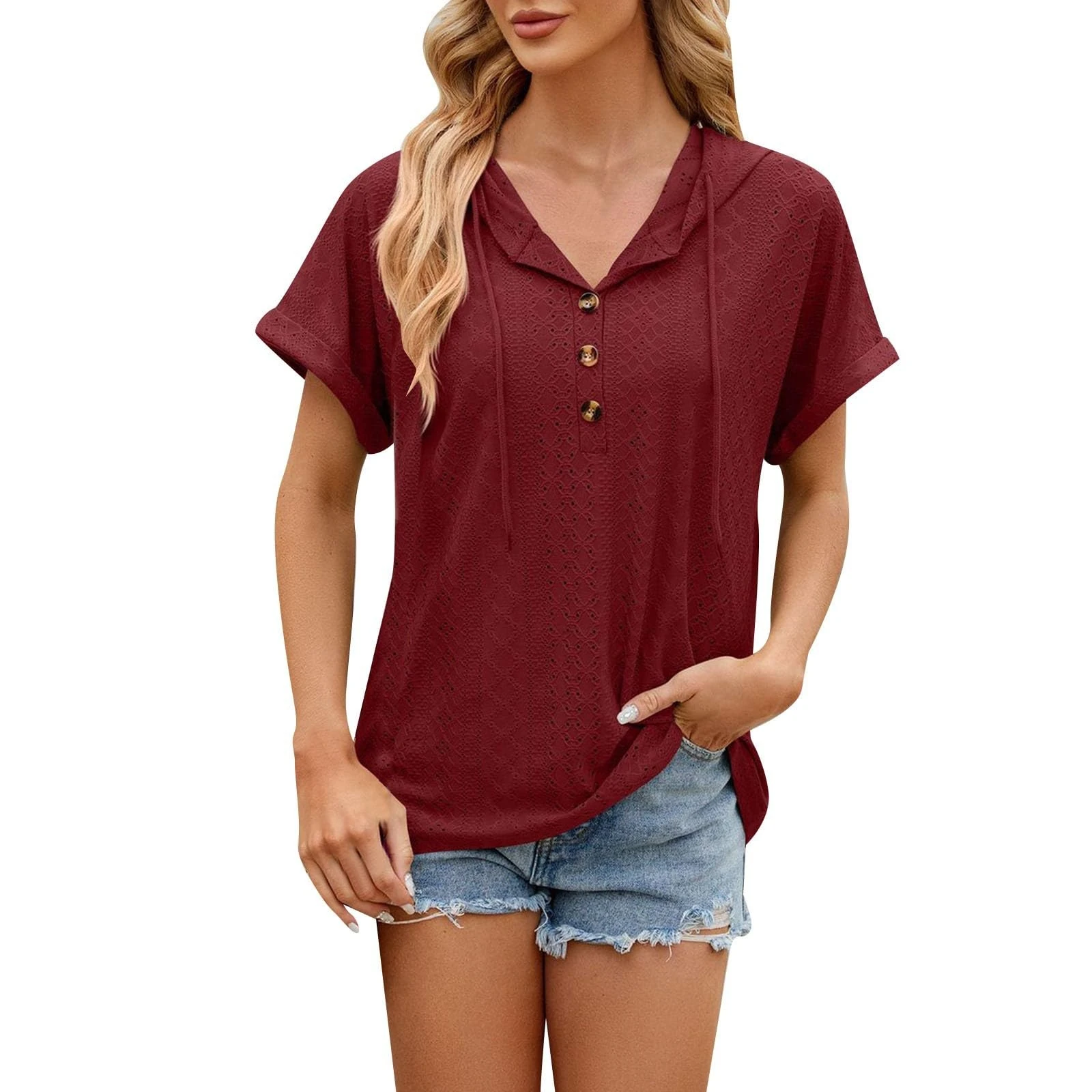 Blouses for Women UK V Neck Hollow Out Lace Embroidered Hooded Tops Solid Color Button Down Dressy Shirts Chic Buttons Cuffs Ladies Summer Tees