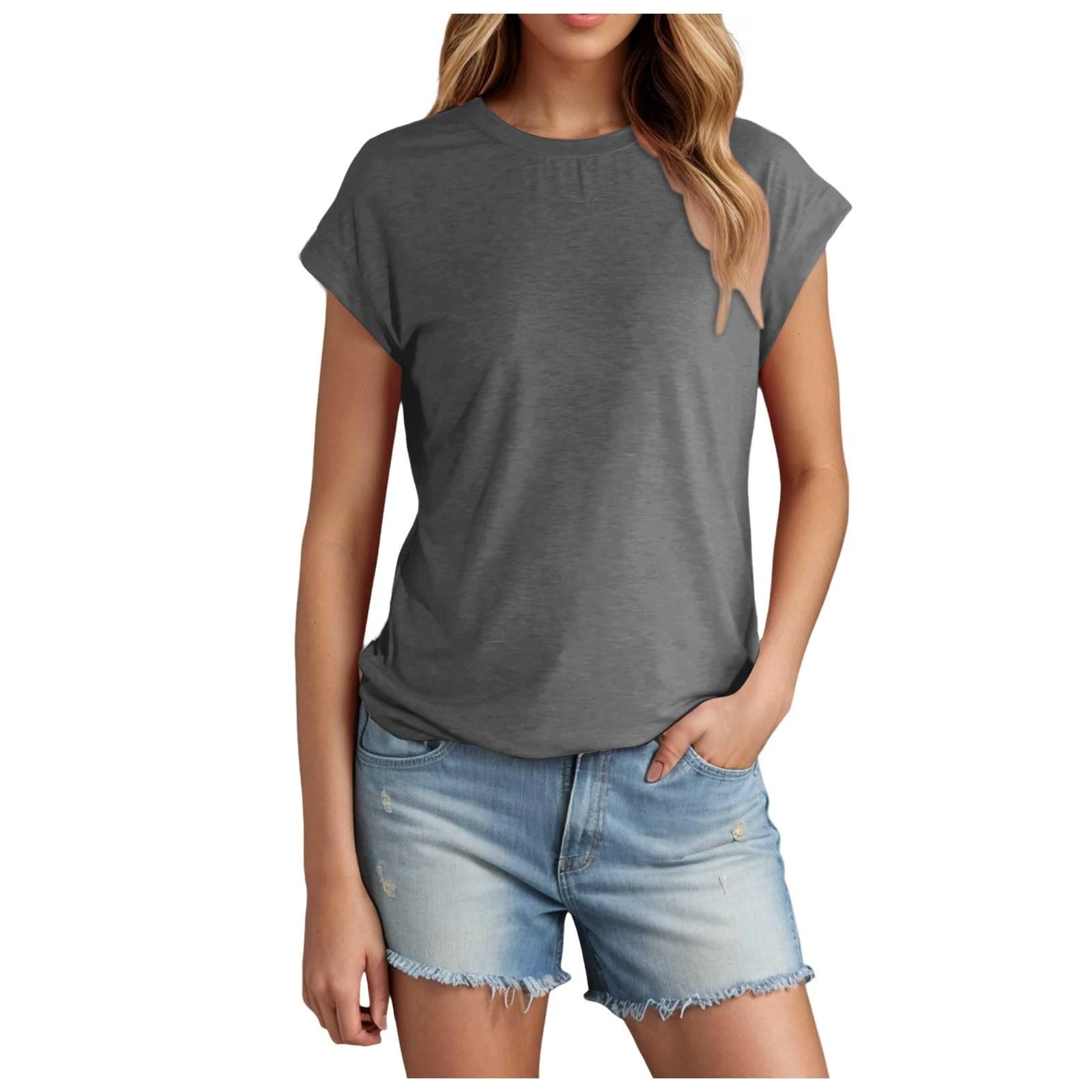 PAIDAXING Women's Trendy Summer Cotton T Shirts Crew Neck Short Sleeve Tunic Blouse Tops Ladies Summer Solid Color Casual Loose Basic Tee Shirts 2025 Grey