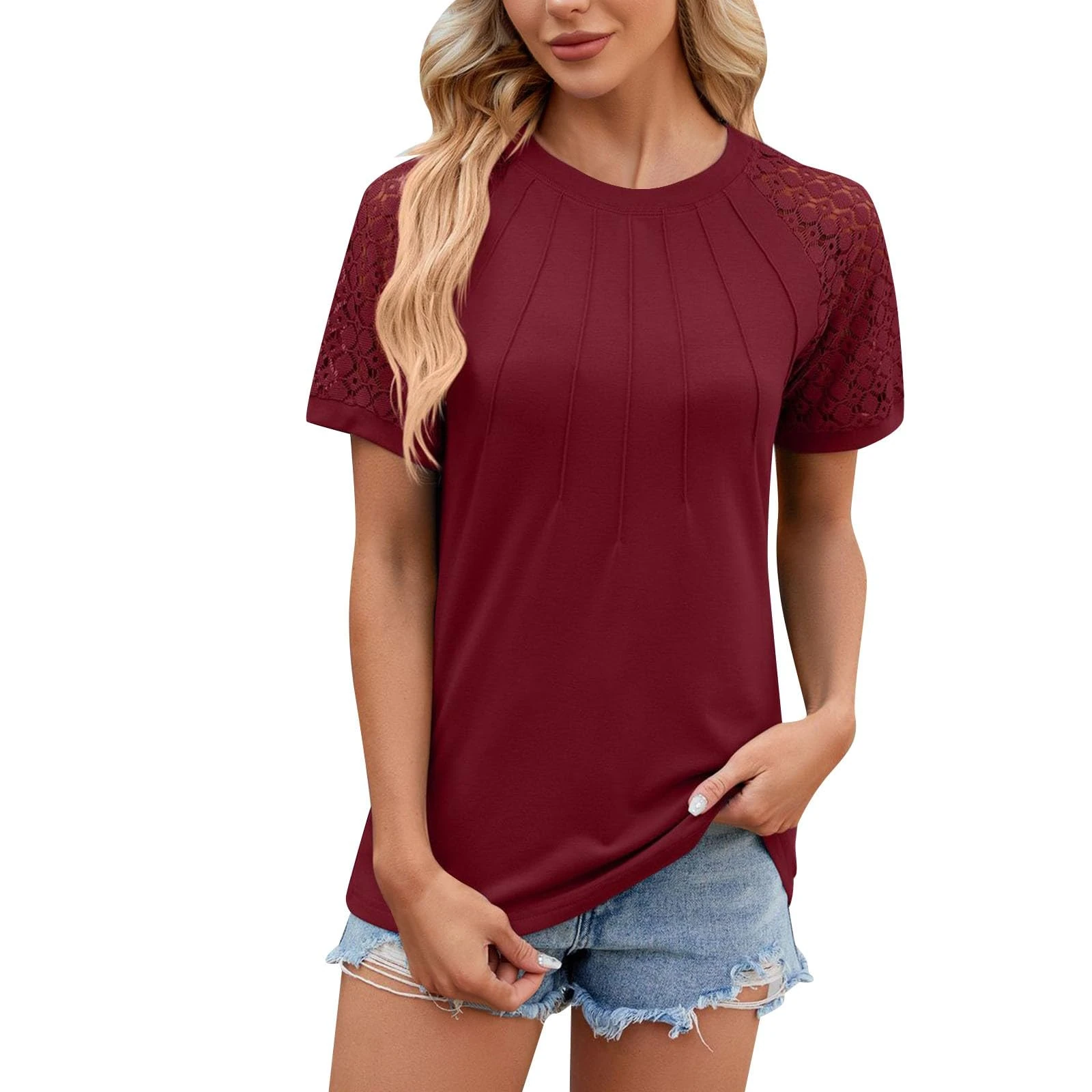 Tshirts for Women UK Casual Round Neck Short Sleeve Lace Hollow Out Tops Summer Fashion Loose Fit Ladies Boho Tee Blouse Soft T Shirts 2025 Clothes Wine