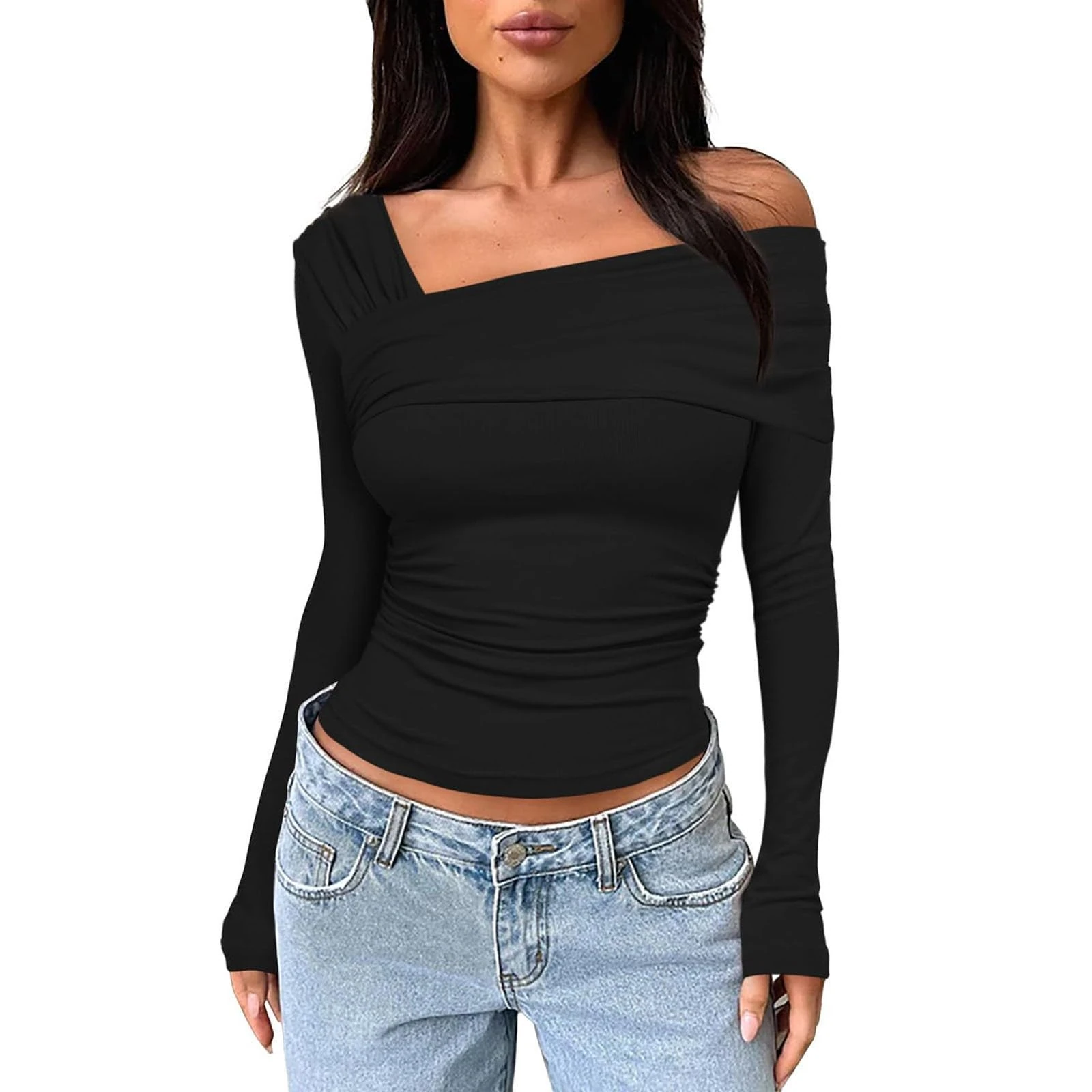 Womens Long Sleeve One Off Shoulder Ruched Going Out Tops Ribben Knit Slim Fit Blouse T Shirts Ladies Summer Trendy Y2K Crop Tops Fashion Basic Streetwear