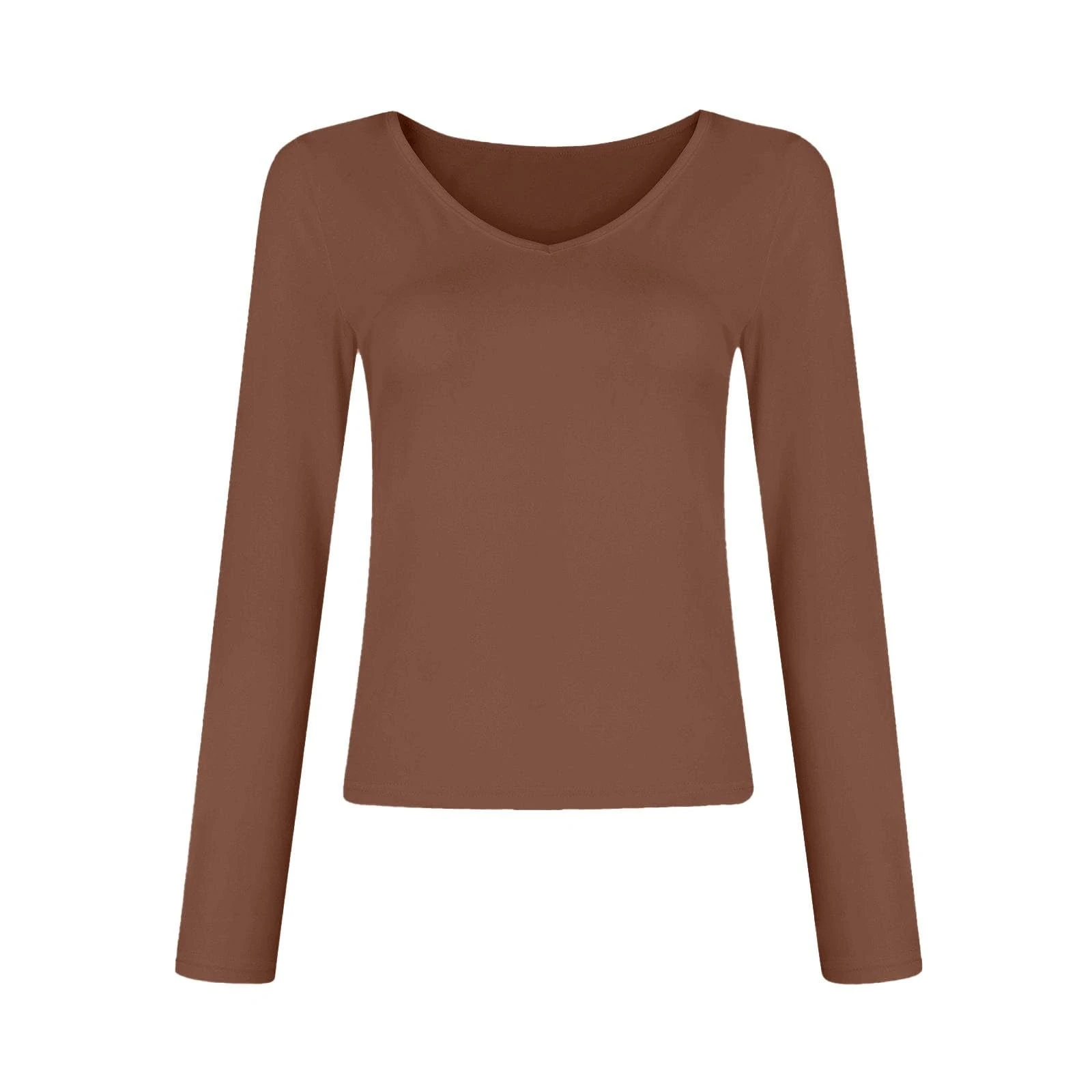 Crop Tops for Women UK V Neck Long Sleeve Slim Fitted Tees Basic Solid Color Pullover T Shirts Ladfies Spring Summer Going Out Tosp Blouse Streetwear Brown