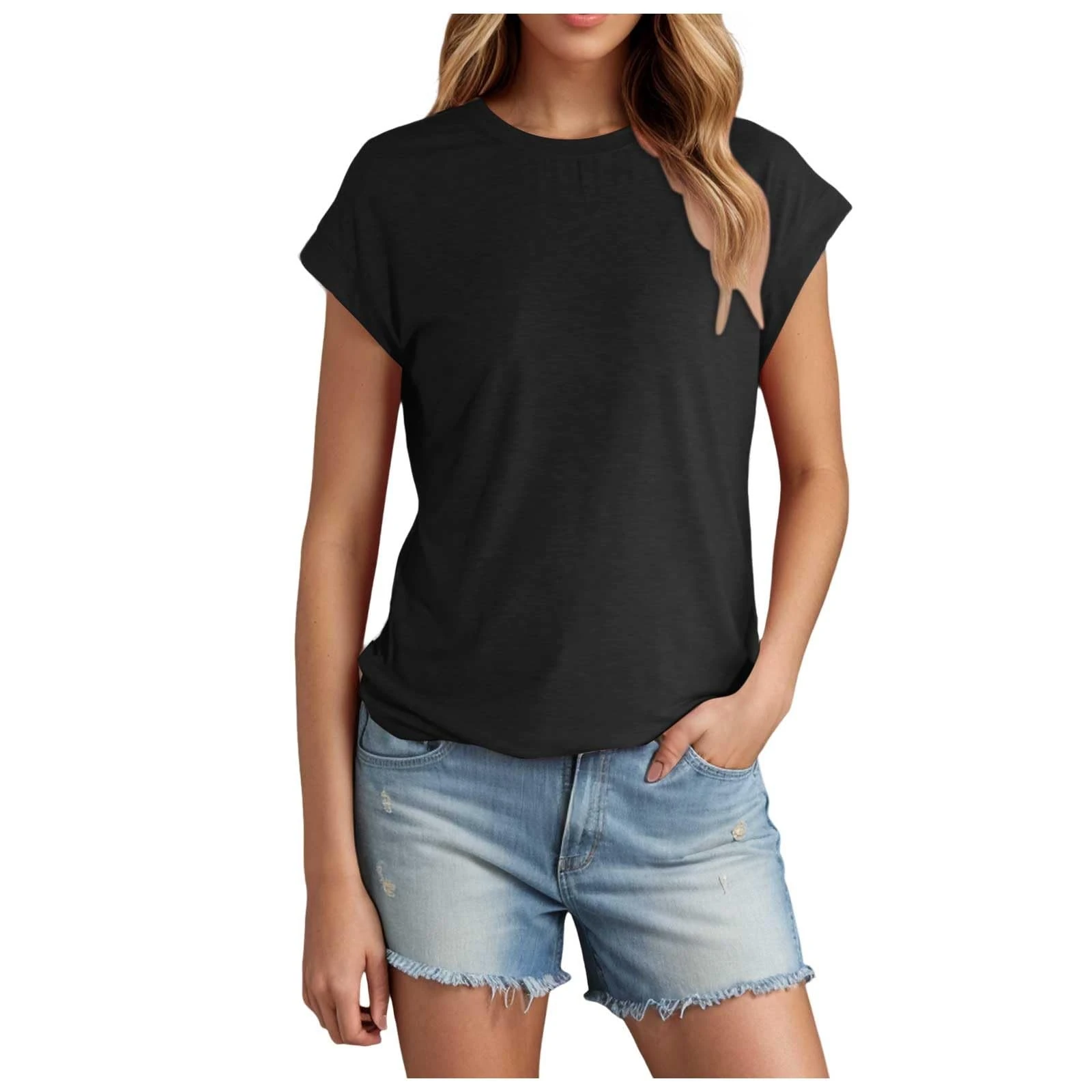PAIDAXING Women's Trendy Summer Cotton T Shirts Crew Neck Short Sleeve Tunic Blouse Tops Ladies Summer Solid Color Casual Loose Basic Tee Shirts 2025 Black