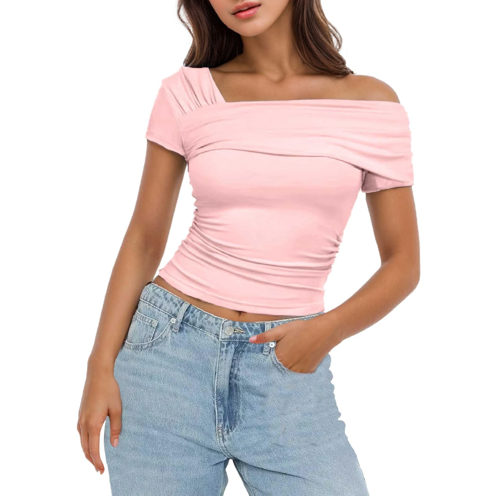 Women's One Off Shoulder Short Sleeve/Sleeveless Going Out Tops Ruched Slim Fit Y2K Grunge T Shirt Solid Color Basic Summer Tees Fashion Streetwear Pink