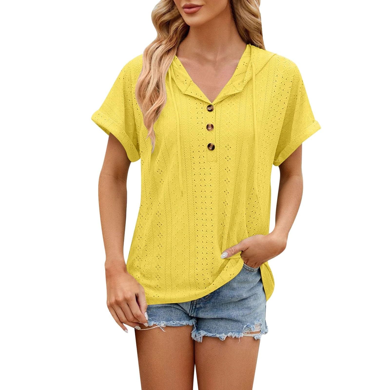 Blouses for Women UK V Neck Hollow Out Lace Embroidered Hooded Tops Solid Color Button Down Dressy Shirts Chic Buttons Cuffs Ladies Summer Tees