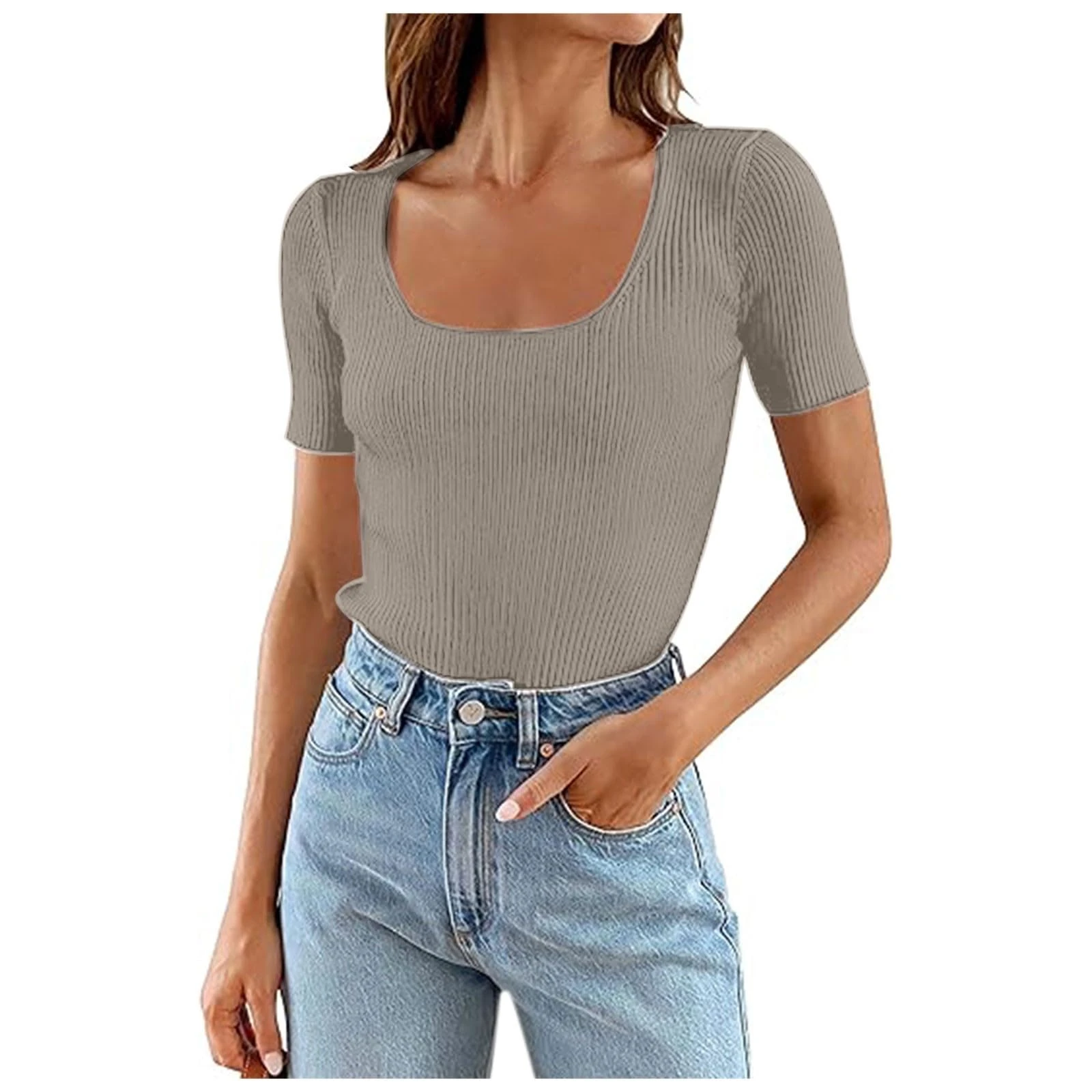 PAIDAXING Knit Tops for Women UK Casual Scoop Neck Short Sleeve Ribbrn Crop Tops Slim Fit Solid Color Basic Tees Ladies Summer Trendy Tight Blouse T Shirts Coffee