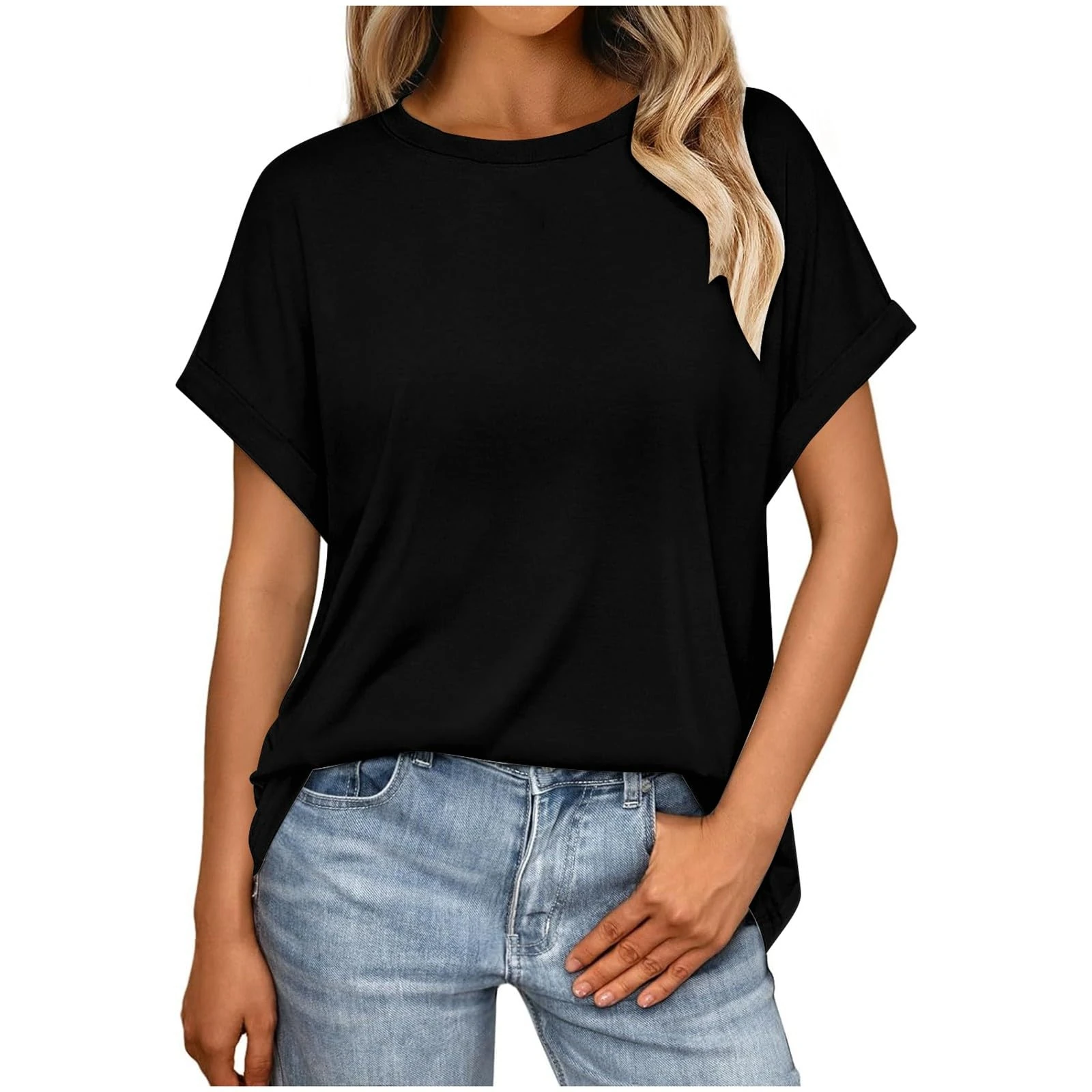 Women's Basic Oversized Tshirts Casual Crew Neck Short Sleeve Tunic Summer Cotton Tops Ladies Fashion Loose Fit Solid Color Tee Blouse T Shirts Black