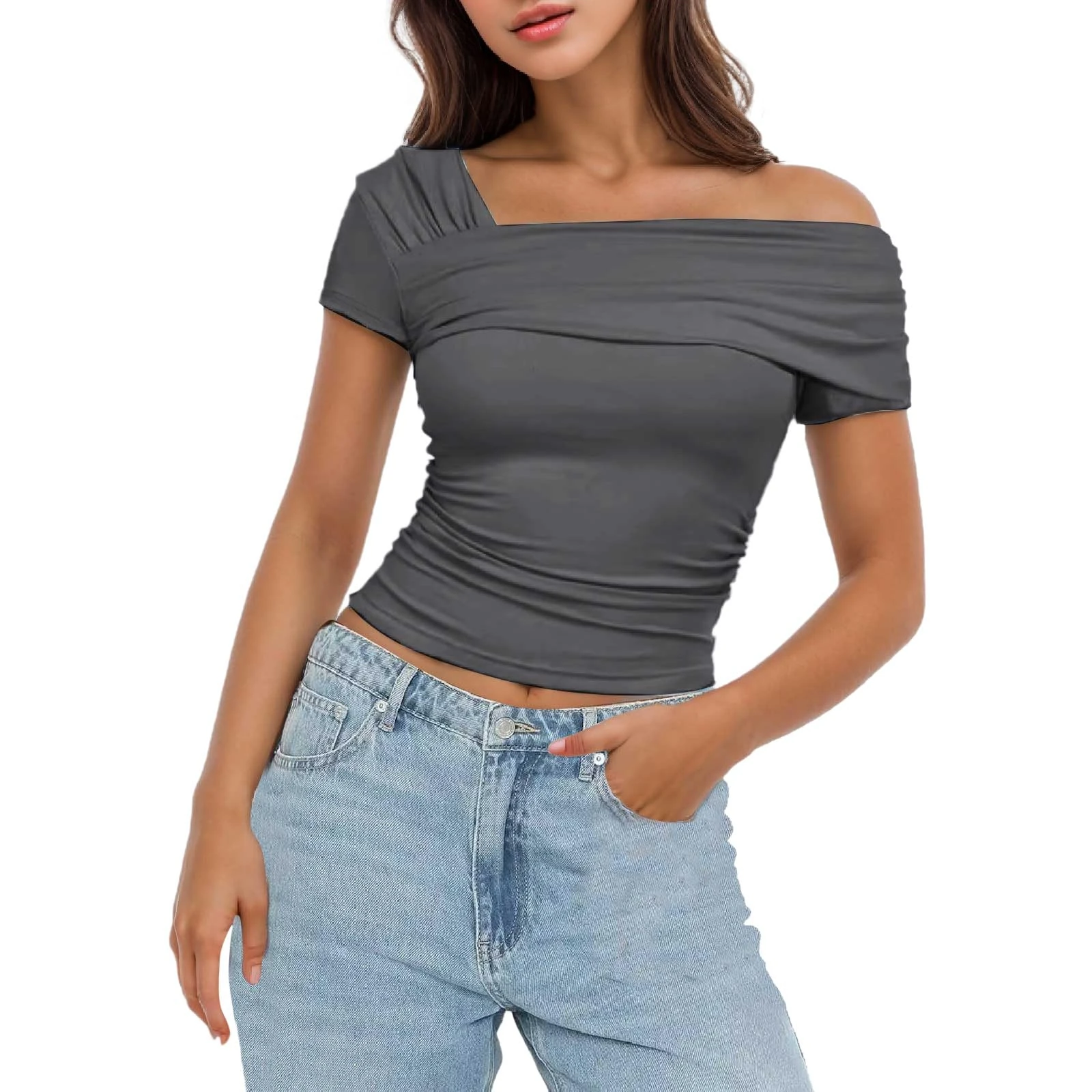 Women's One Off Shoulder Short Sleeve/Sleeveless Going Out Tops Ruched Slim Fit Y2K Grunge T Shirt Solid Color Basic Summer Tees Fashion Streetwear Grey