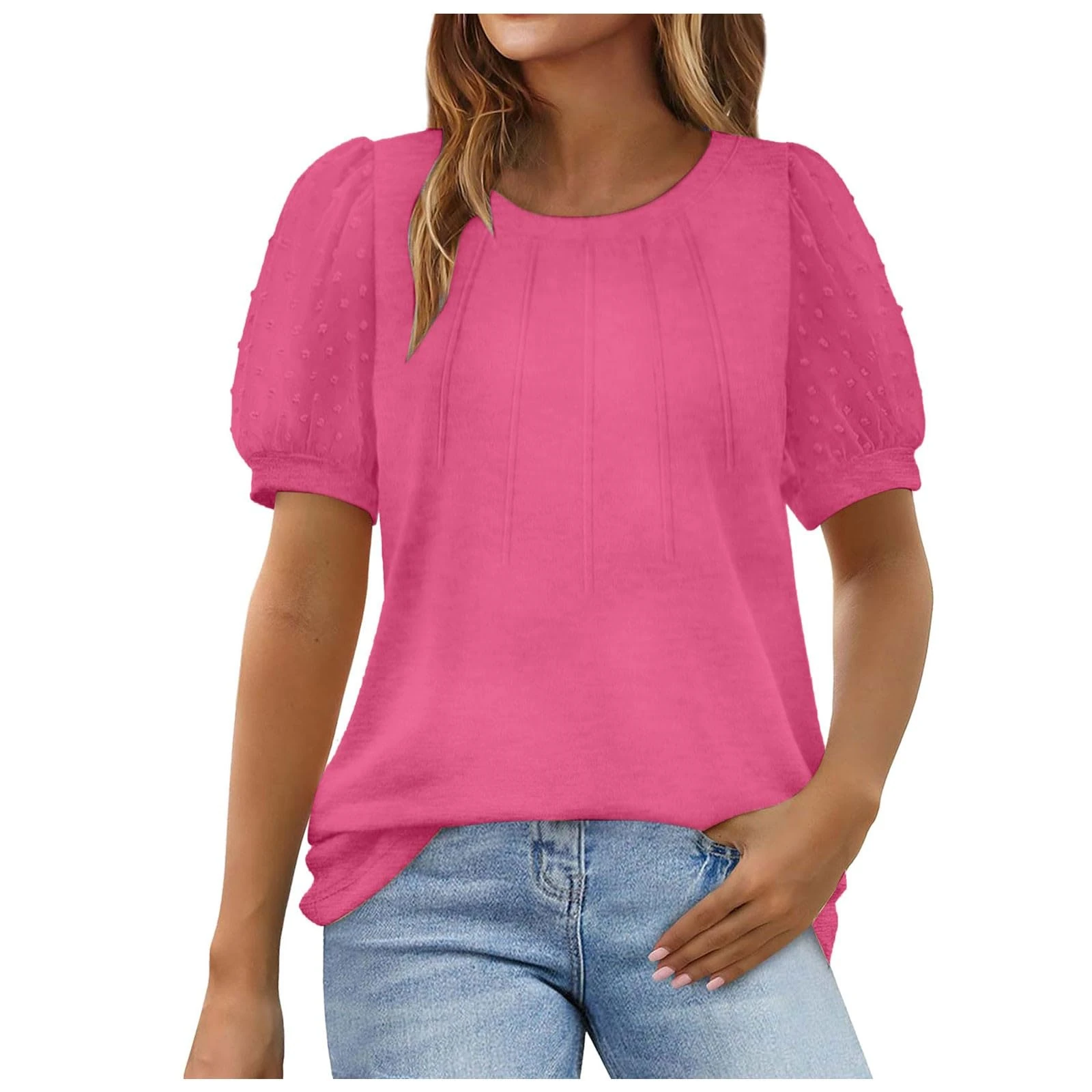 Tops for Women UK Crew Neck Puff Short Sleeve Dressy Blouse Shirts Loose Fit Solid Color Ladies Summer Casual Work Office Tee Tops 2025 Hot Pink