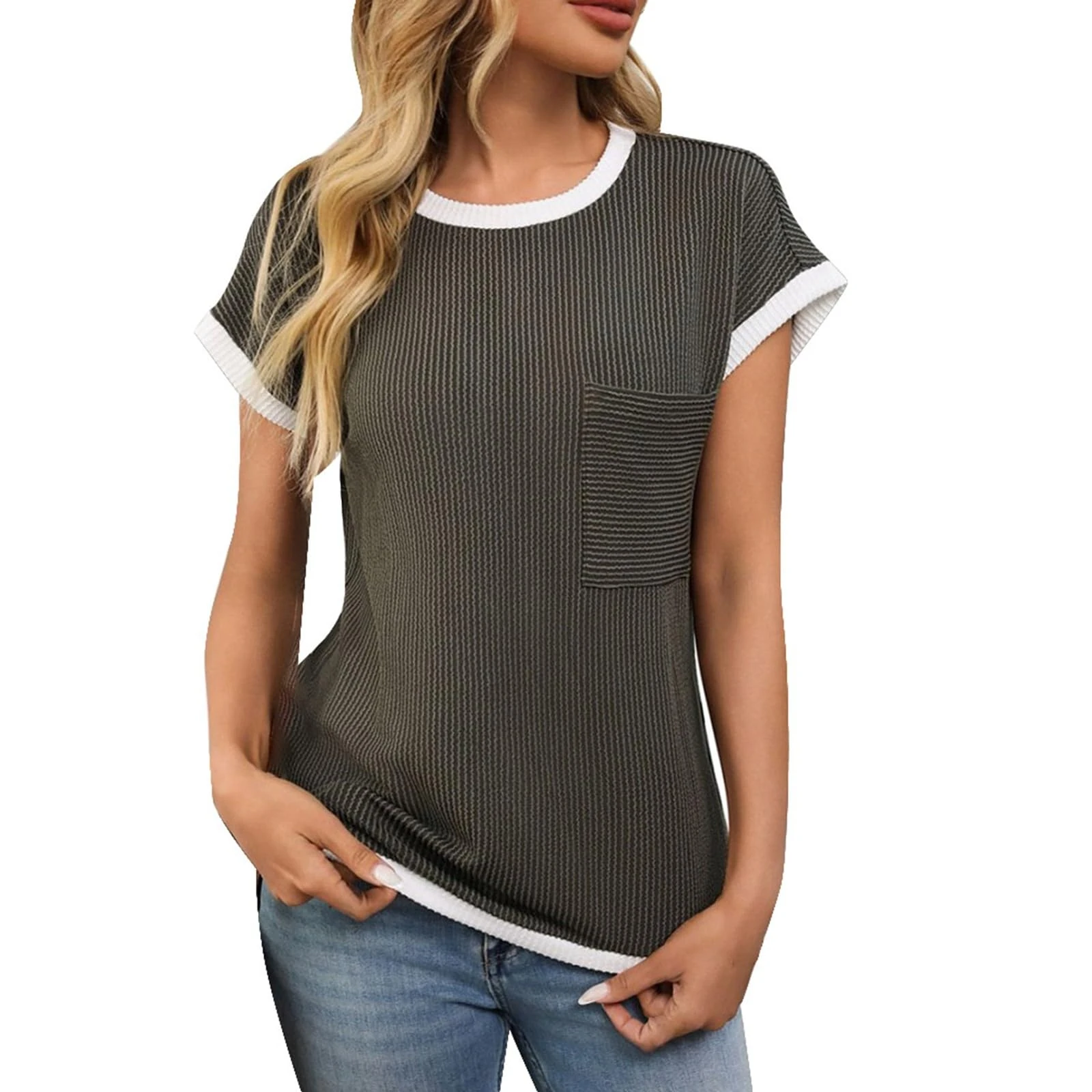 Women's Ribben Knit T Shirts Summer Casual Short Sleeve Crew Neck Basic Tee Comfy Soft Ladies Blouse Tops Pullover Block Color Shirts Green