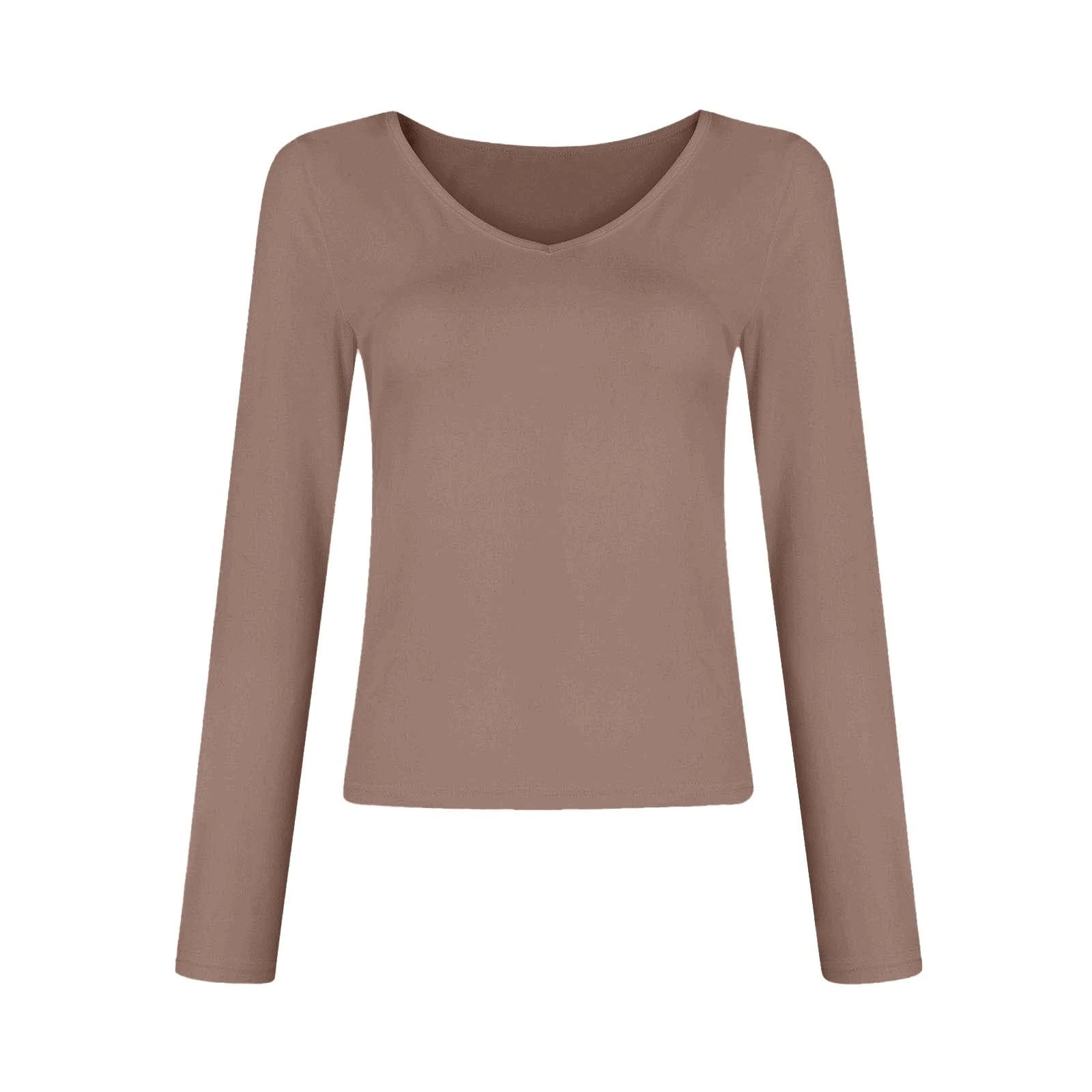 Crop Tops for Women UK V Neck Long Sleeve Slim Fitted Tees Basic Solid Color Pullover T Shirts Ladfies Spring Summer Going Out Tosp Blouse Streetwear Coffee