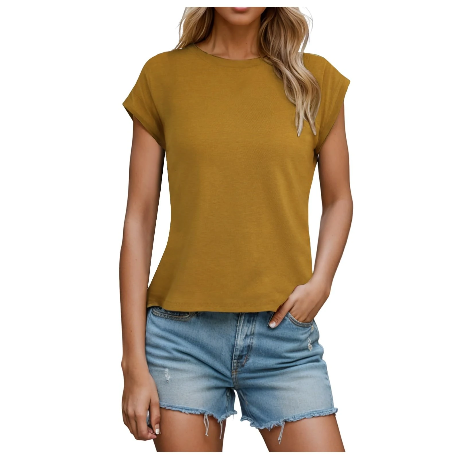 Tops for Women UK Casual Solid Color Crew Neck Cap Sleeve Summer T Shirts Basic Regular Fit Tunic Tee Blouses Ladies Comfy Soft Going Tops 2025 Khaki