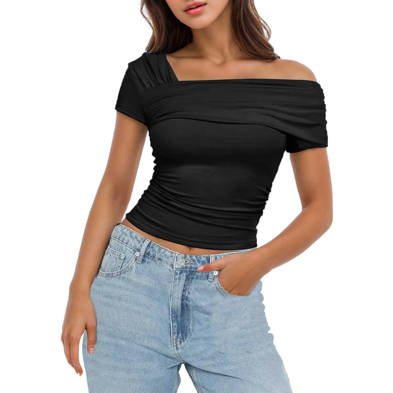 Women's One Off Shoulder Short Sleeve/Sleeveless Going Out Tops Ruched Slim Fit Y2K Grunge T Shirt Solid Color Basic Summer Tees Fashion Streetwear Black