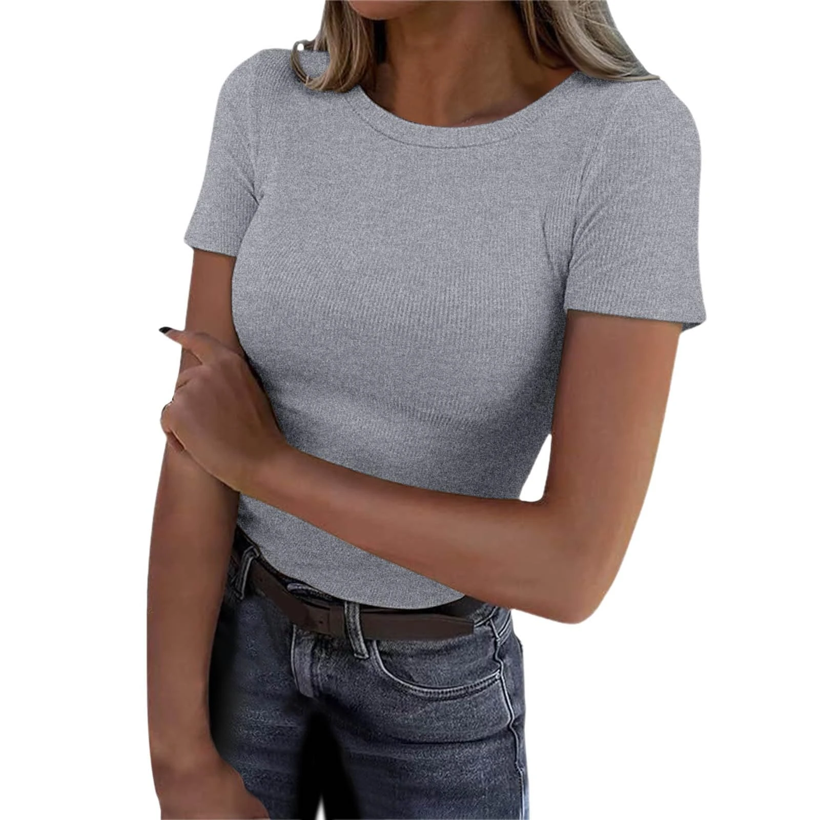 Women's Short Sleeve Ribbed Tops Summer Crew Neck Slim Fit Basic Solid Color Tees Ladies Casual Crooped Going Out Tops T Shirts