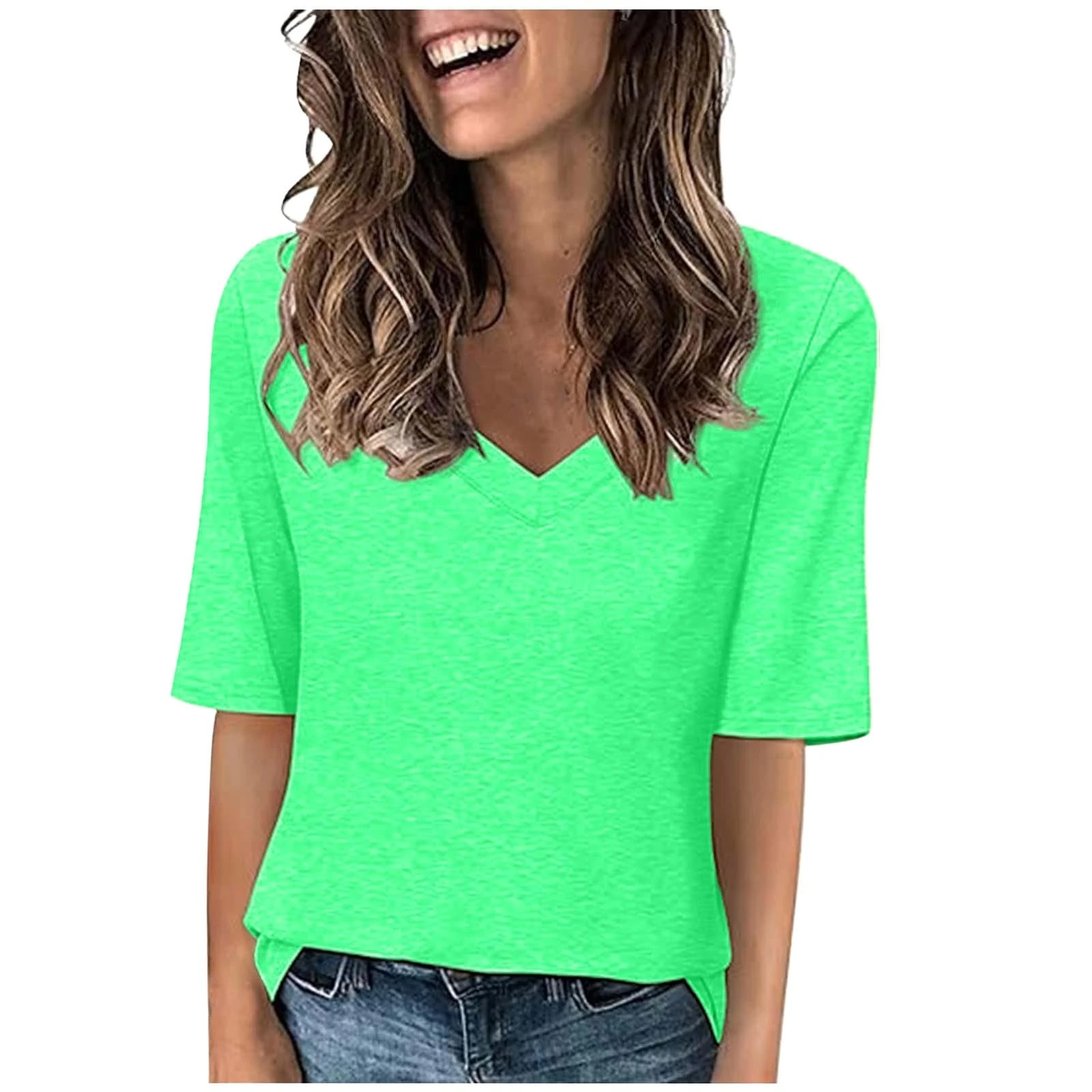 Summer Tops for Women UK Casual V Neck Half Sleeve Solid Color T Shirts Regular Fit Tee Blouses Ladies Loose Comfy Tunic Tops Shirts 2025