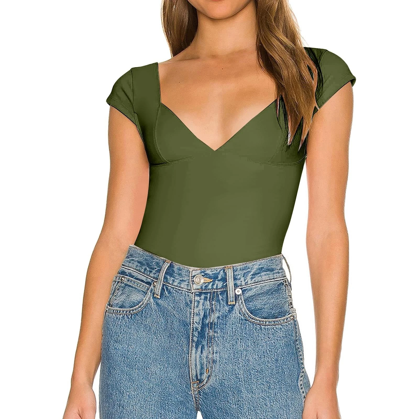 PAIDAXING Tops for Women UK Deep V Neck Short Sleeve Sexy Slim Fitted Crop Tops Casual Summer Basic Tees Skinny Pullover T Shirts Ladies Trendy Streetwear Soft Going Tops Army Green