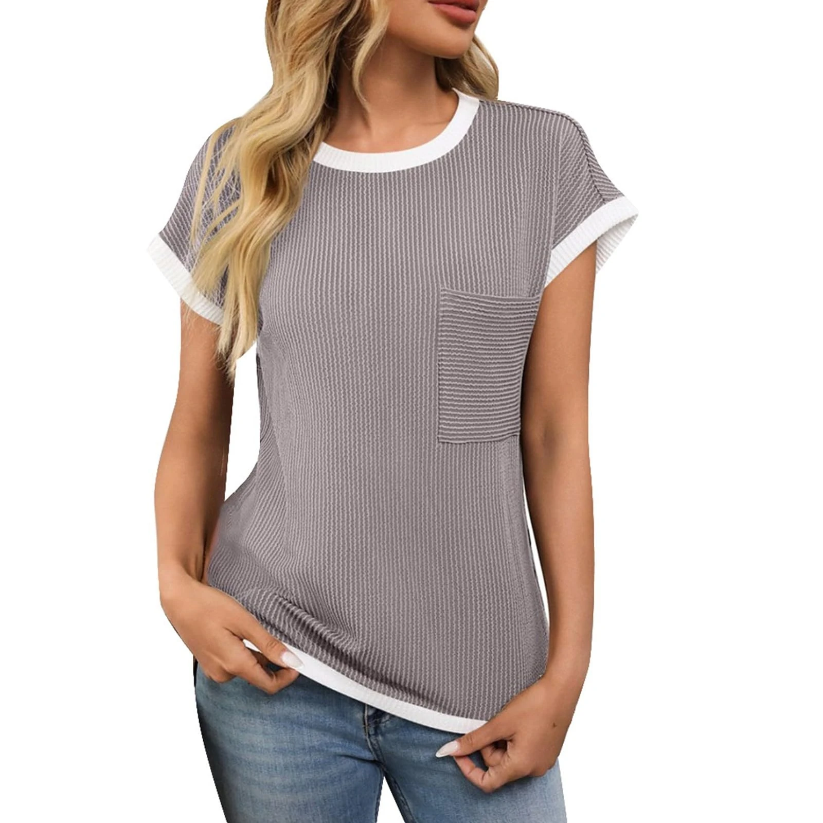 Womens Ribben Knit Short Sleeve Tops Ladies Summer Comfy Soft Crew Neck Pullover Tees Color Block Basic Fitted T Shirts Blouse Sports Running Activewear Grey