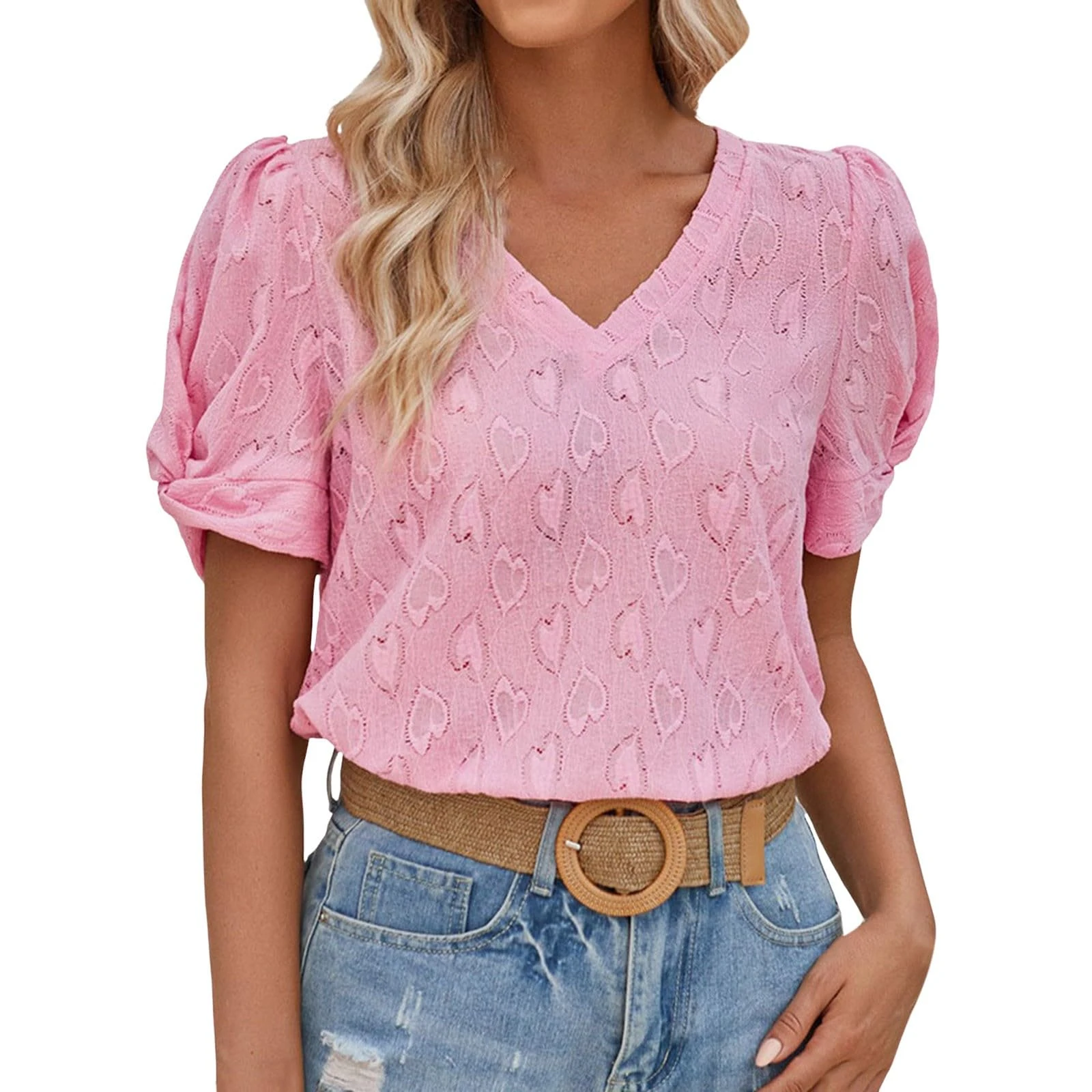Blouses for Women UK V Nek Puff Short Sleeve Tunic Tops Solid Color Texture Dressy Work Office Shirts Ladies Summer Casual Loose Going Tops Tees Pink