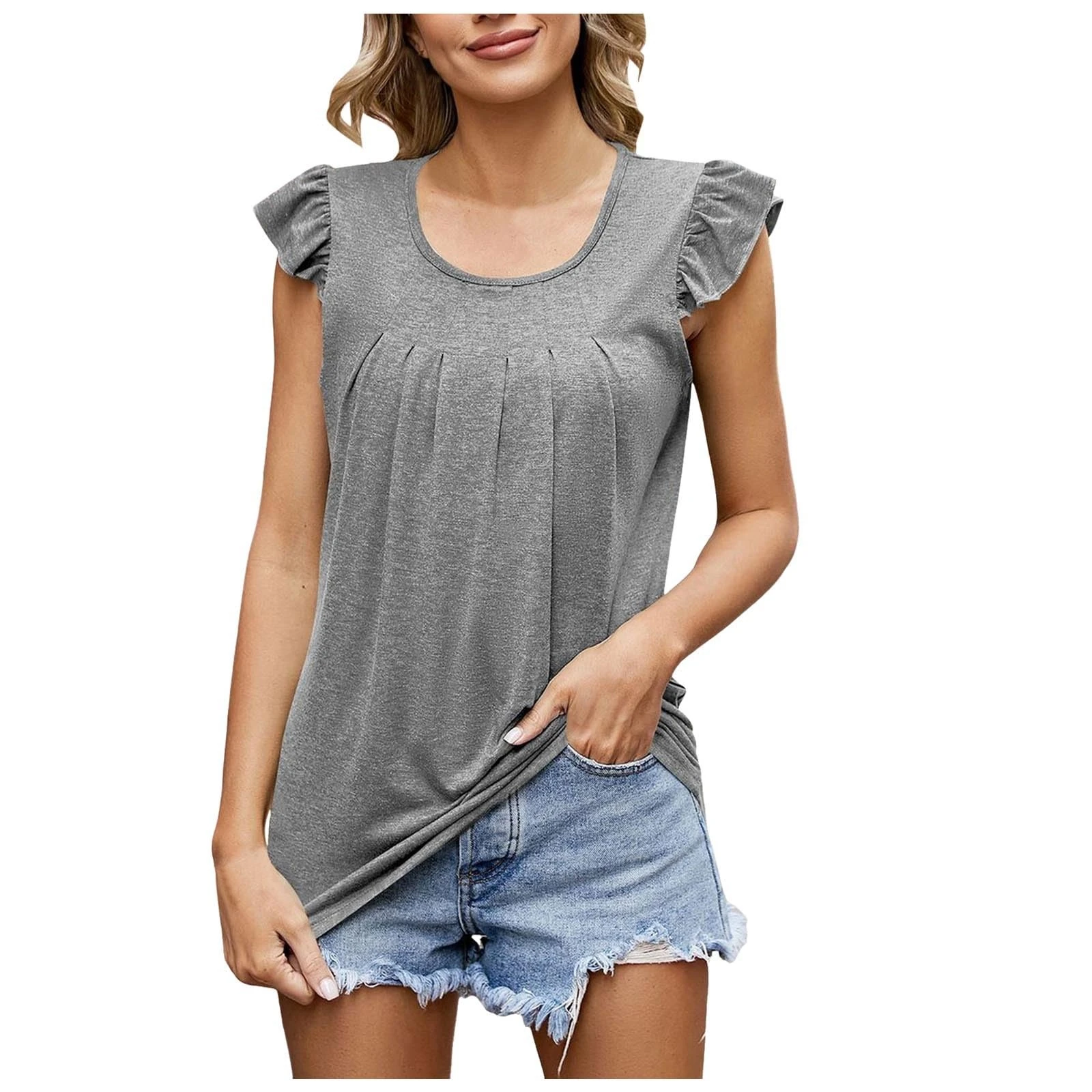 Blouses for Women UK Ruffle Cap Sleeve Scoop Neck Dressy Shirts Loose Fit Solid Color Tunic Tosp Ladies Summer Casual Tees Beach Holiday Clothes Grey
