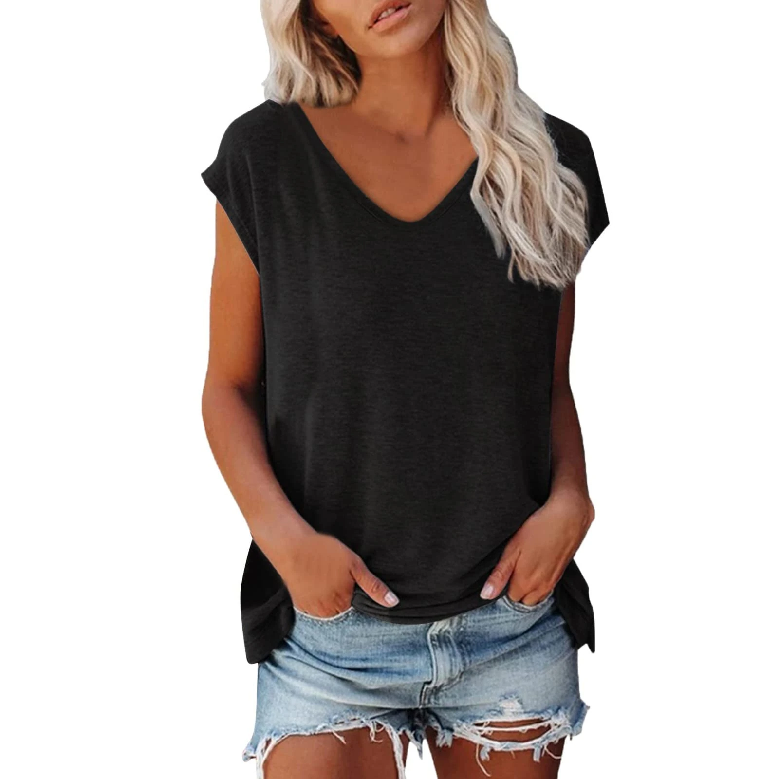 Women's Summer T Shirts Short Sleeve V Neck Tunic Tops Casual Loose Fit Solid Color Tees Ladies Comfy Soft Workout Yoga Vest Tops Blouse