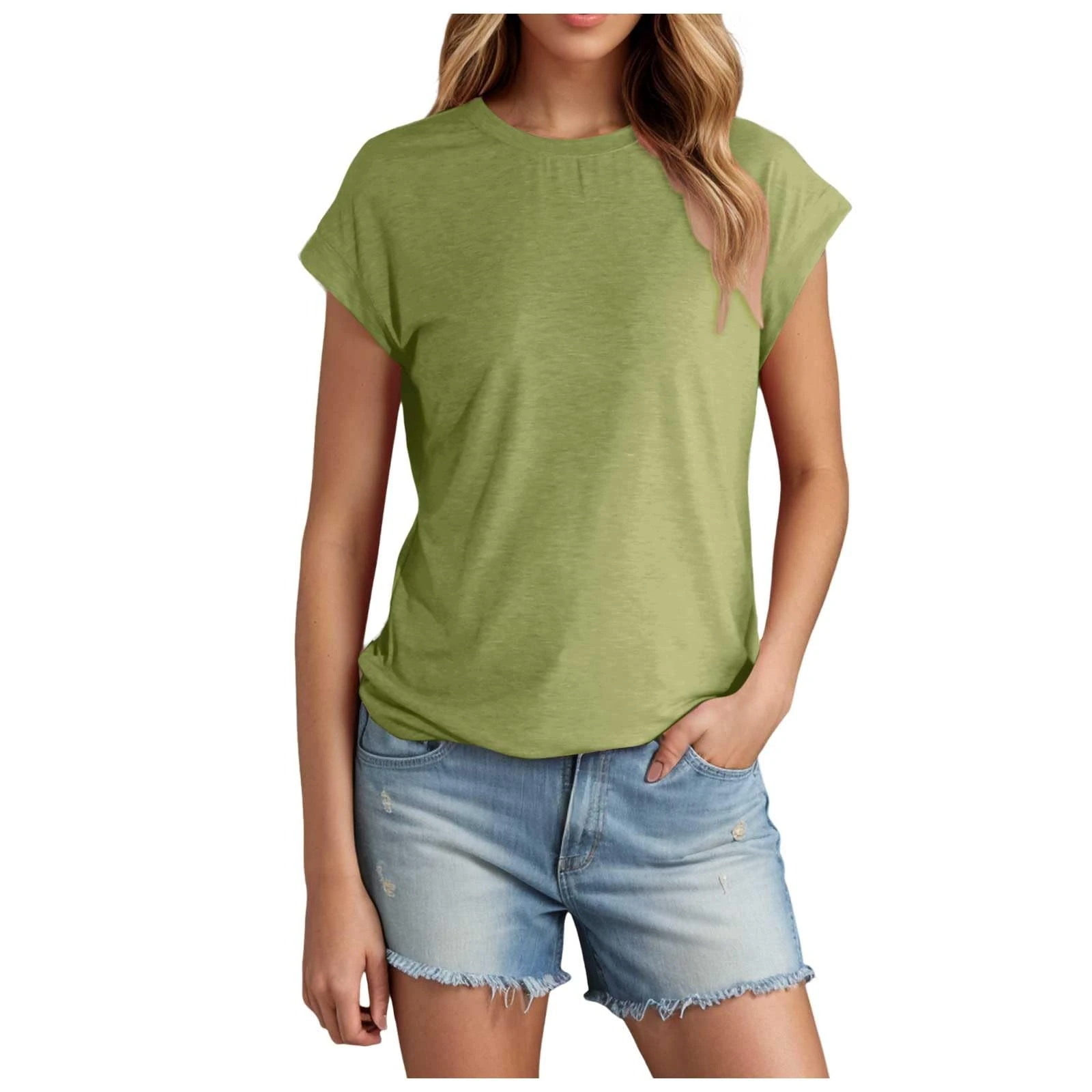 PAIDAXING Women's Trendy Summer Cotton T Shirts Crew Neck Short Sleeve Tunic Blouse Tops Ladies Summer Solid Color Casual Loose Basic Tee Shirts 2025 Green