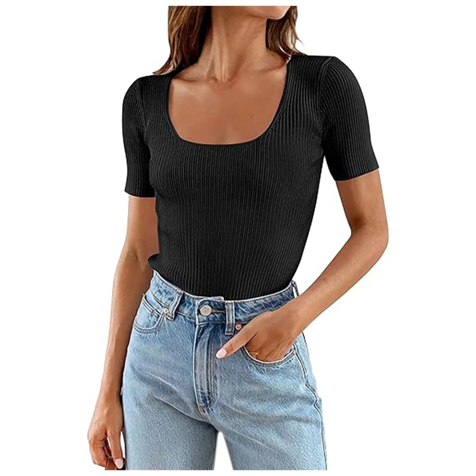 PAIDAXING Knit Tops for Women UK Casual Scoop Neck Short Sleeve Ribbrn Crop Tops Slim Fit Solid Color Basic Tees Ladies Summer Trendy Tight Blouse T Shirts Black