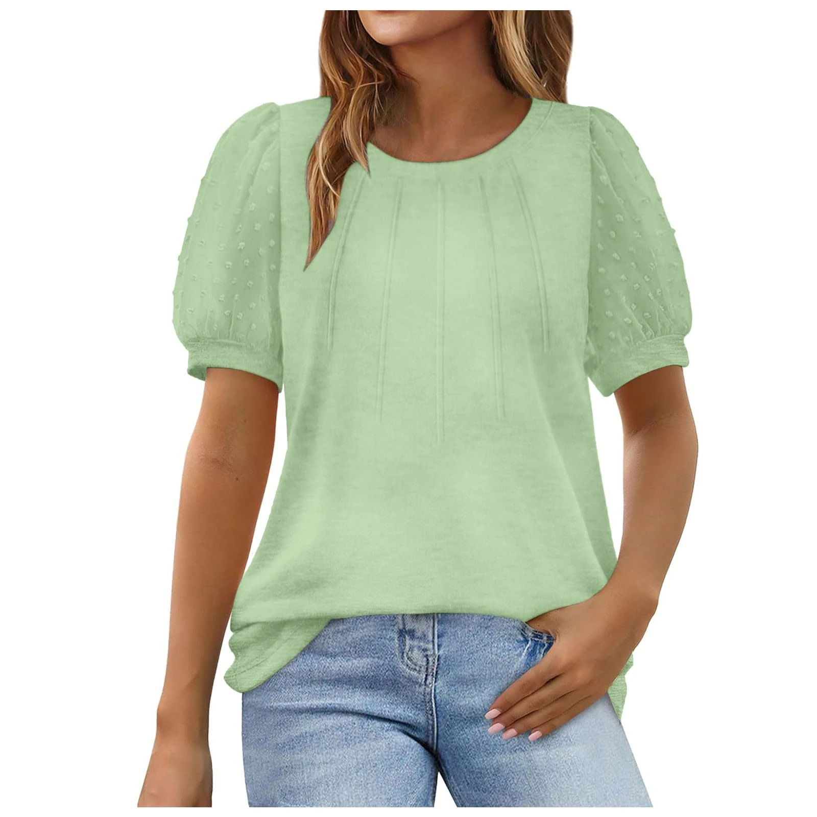 Tops for Women UK Crew Neck Puff Short Sleeve Dressy Blouse Shirts Loose Fit Solid Color Ladies Summer Casual Work Office Tee Tops 2025 Green