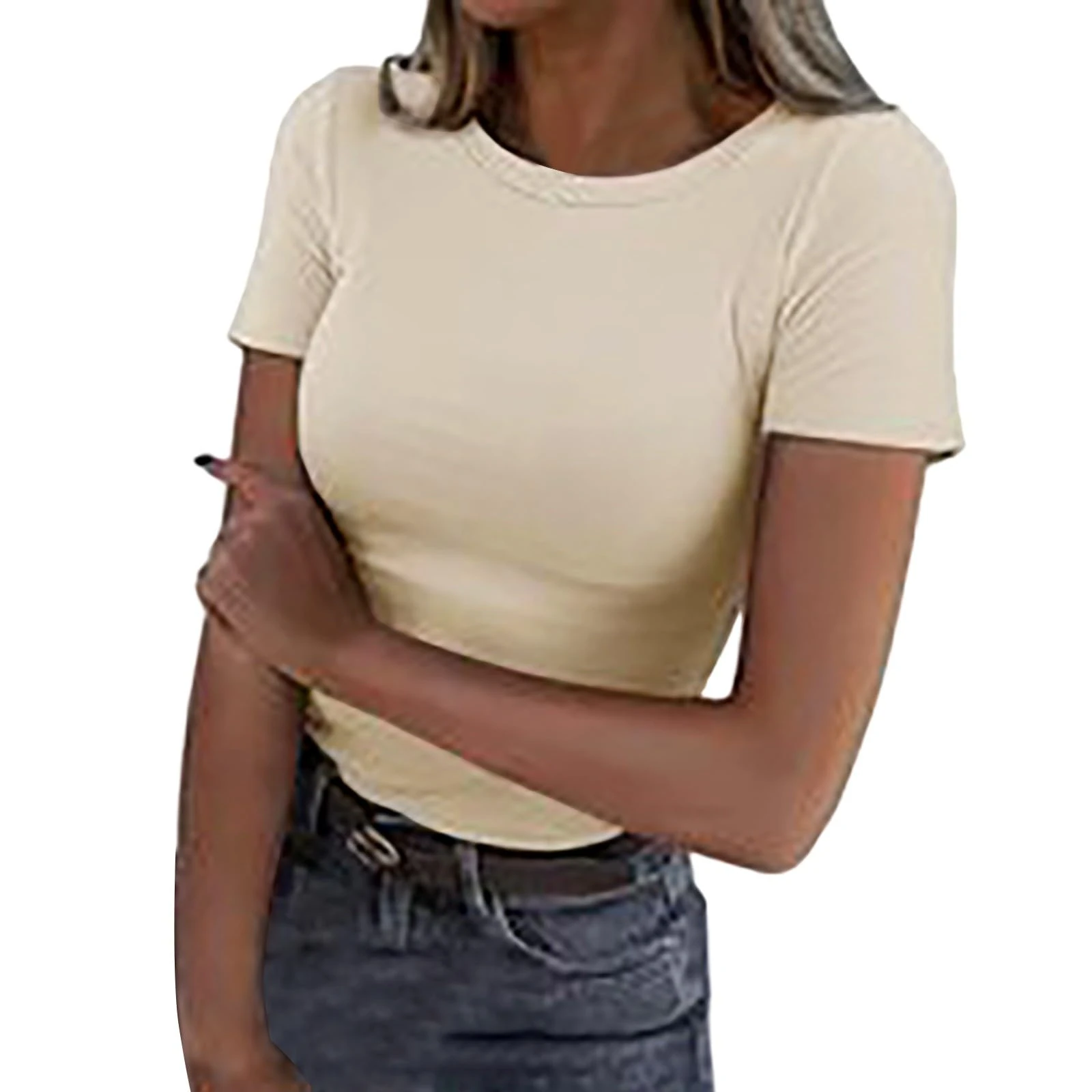 Women's Short Sleeve Ribbed Tops Summer Crew Neck Slim Fit Basic Solid Color Tees Ladies Casual Crooped Going Out Tops T Shirts